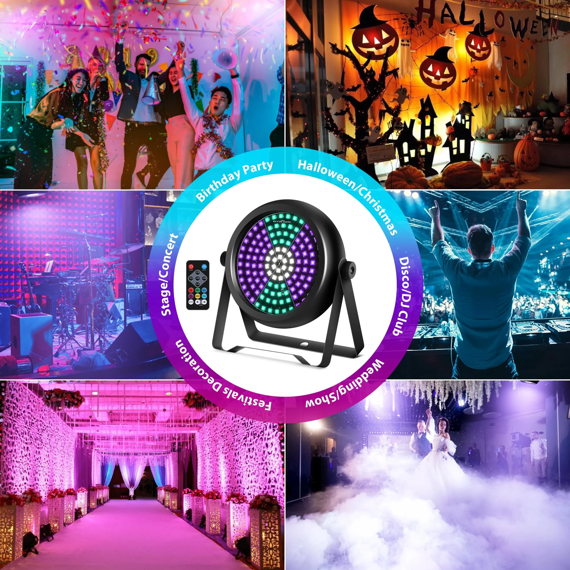 Party Strobe Light,30W 126 LEDs RGB+W+UV 5IN1 Strobe Lights for Parties DJ Par Can Lights with Remote Control Sound Activated&Speed Control DJ Uplights for Birthday Party Halloween Festival 1Pack Strobe Light - Image 6