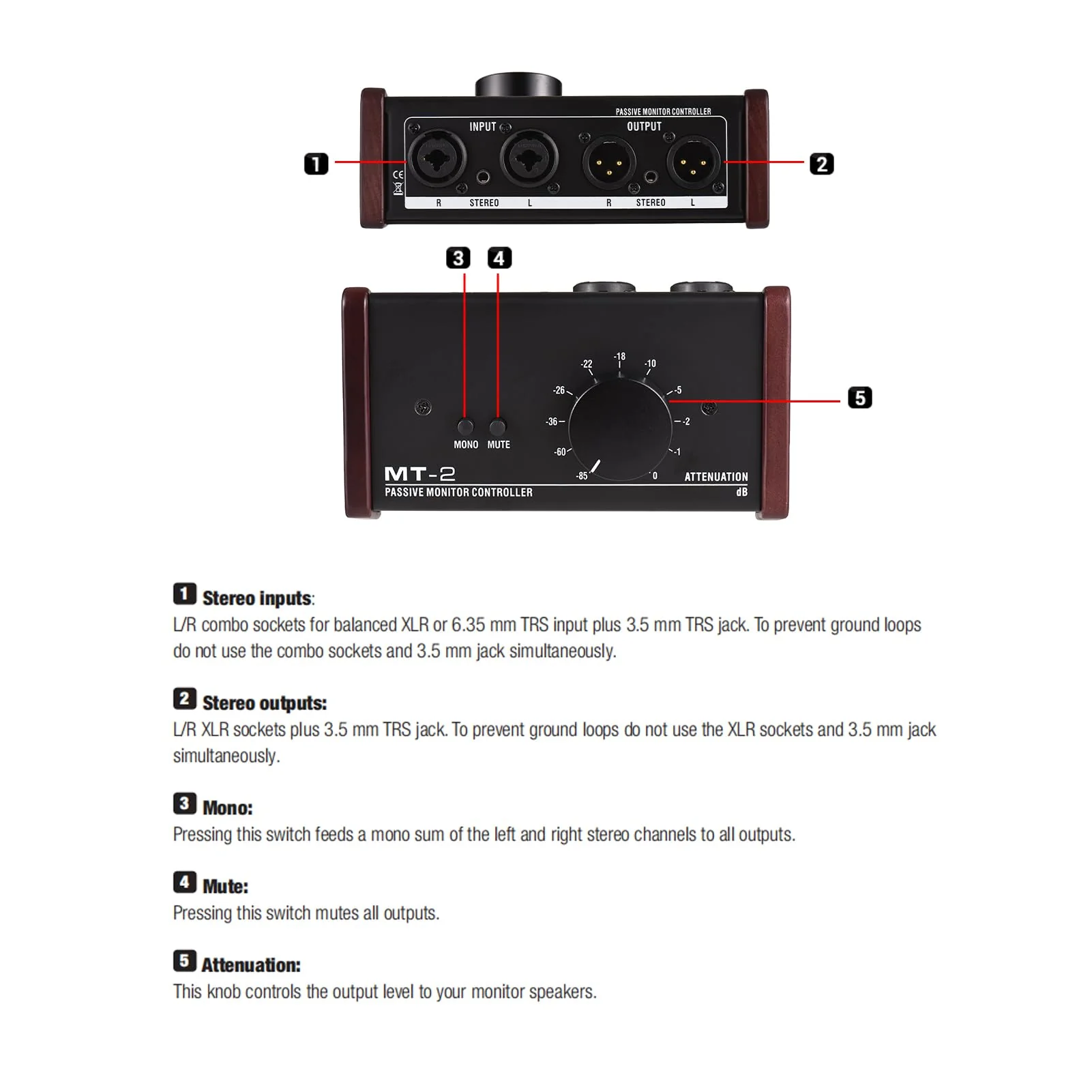 Passive Monitor Controller with XLR 3.5mm Inputs Outputs Supports Attenuation Control Mute Function - Image 3