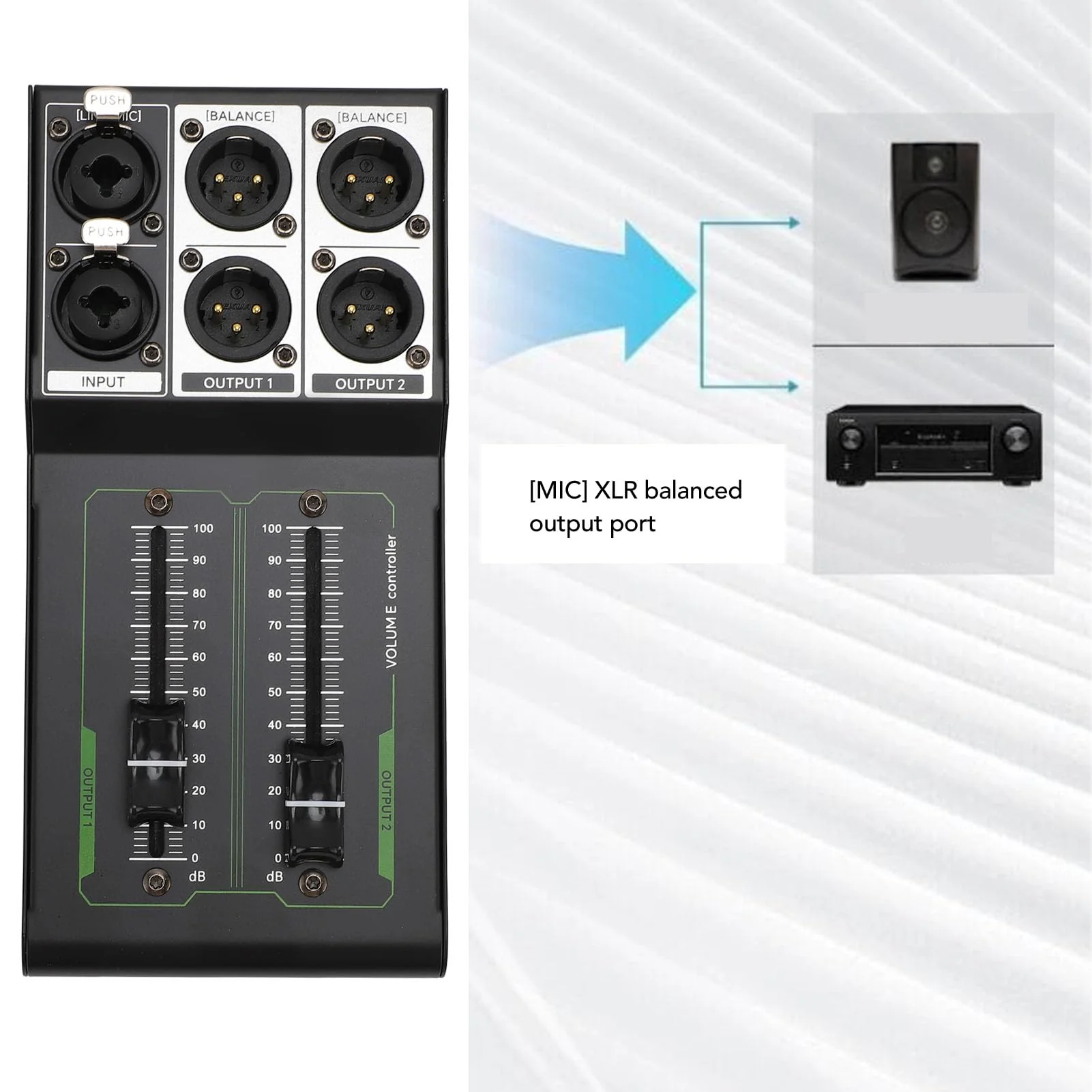 Passive Monitor Volume Controller, XLR 1 Input 2 Output Passive Stereo Studio Controller, High Precise 70Mm Fader, Controller for Studio & Home Audio System - Image 2