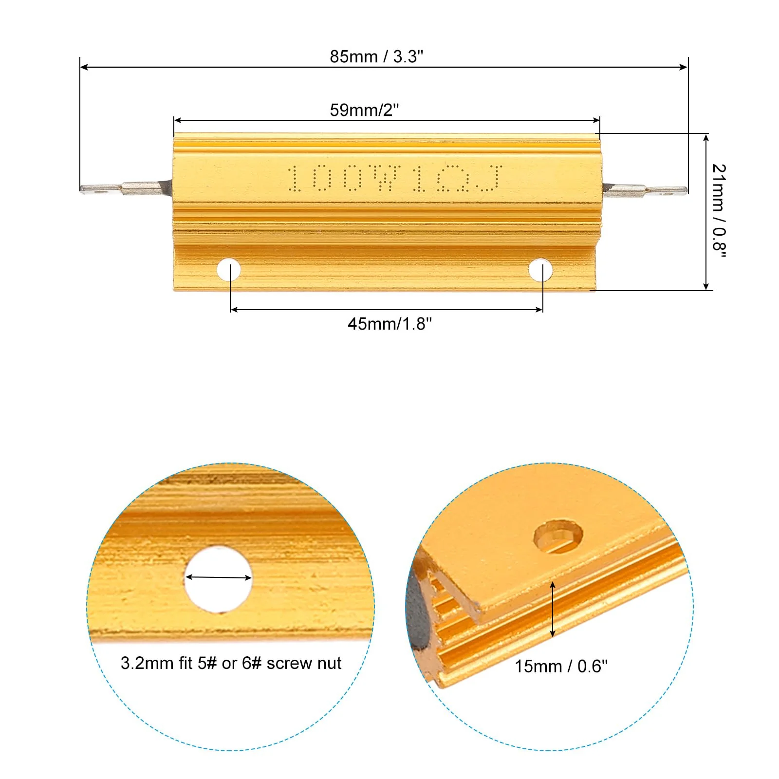 PATIKIL 100W 1 Ohm Aluminum Shell Resistor, 4 Pack Aluminum Housing Resistor Housed Case Wirewound Resistors Screw Tap Power Resistor 5% Tolerance, Golden - Image 2
