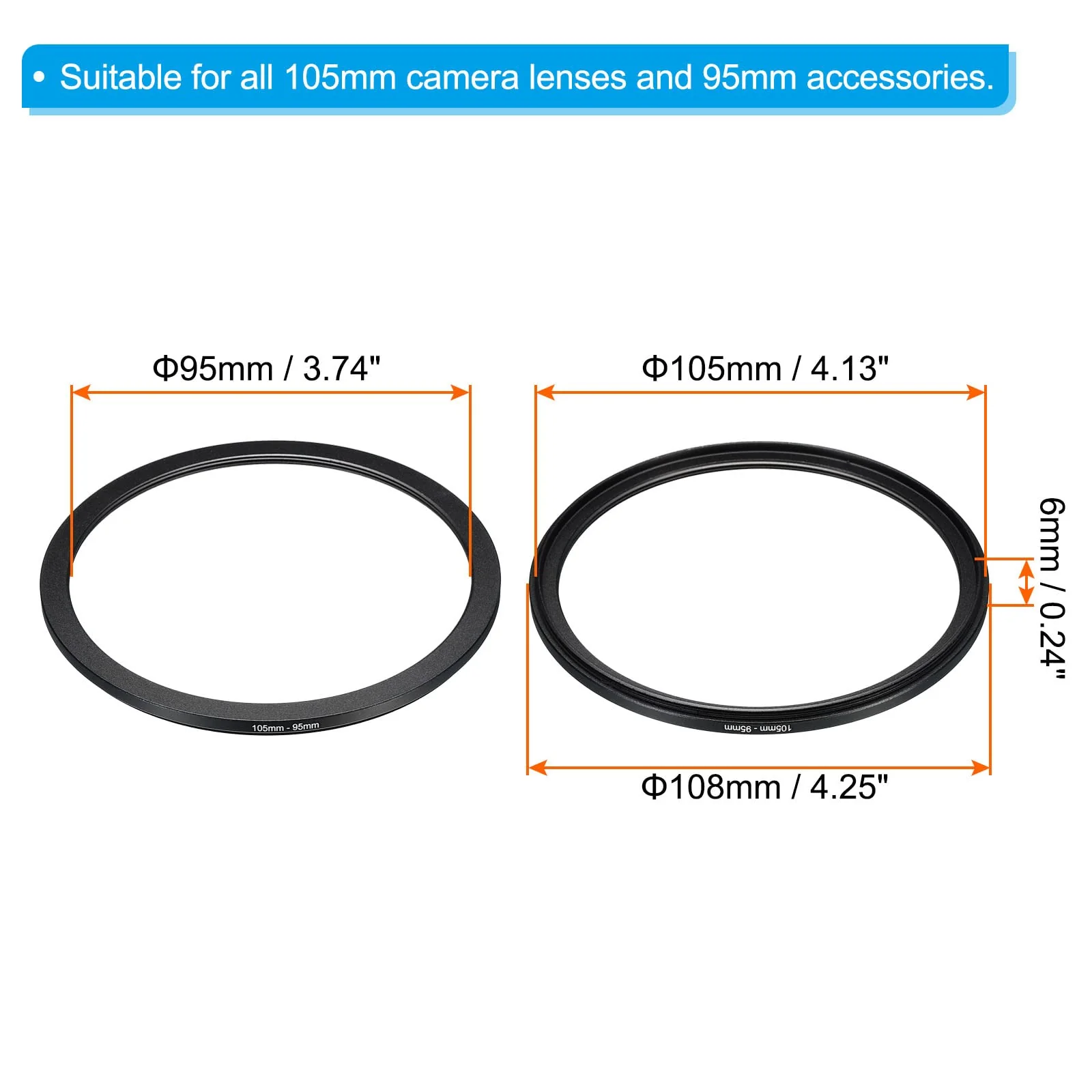 PATIKIL 105mm-95mm Metal Step Down Ring, Camera Lens Filter Adapter Ring Aluminum Filter Adapter Ring for Camera Lenses Hood, Black - Image 2