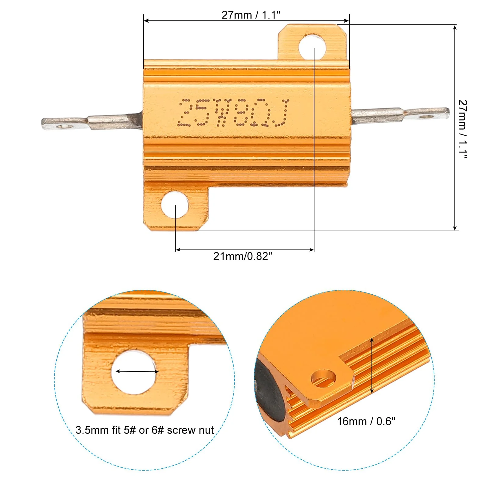 PATIKIL 25W 8 Ohm Aluminum Shell Resistor, 2 Pack Aluminum Housing Resistor Housed Case Wirewound Resistors Screw Tap Power Resistor 5% Tolerance, Golden - Image 2