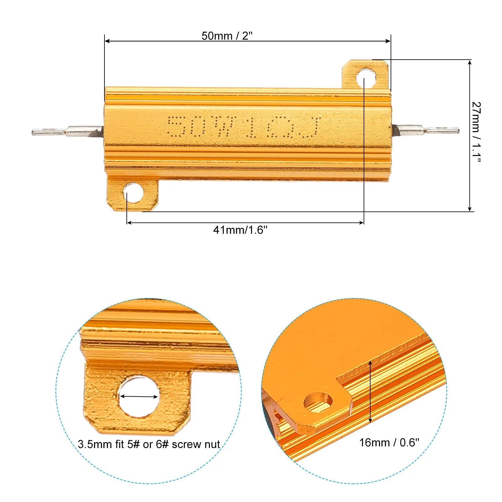 PATIKIL 50W 1 Ohm Aluminum Shell Resistor, 5 Pack Aluminum Housing Resistor Housed Case Wirewound Resistors Screw Tap Power Resistor 5% Tolerance, Golden - Image 2