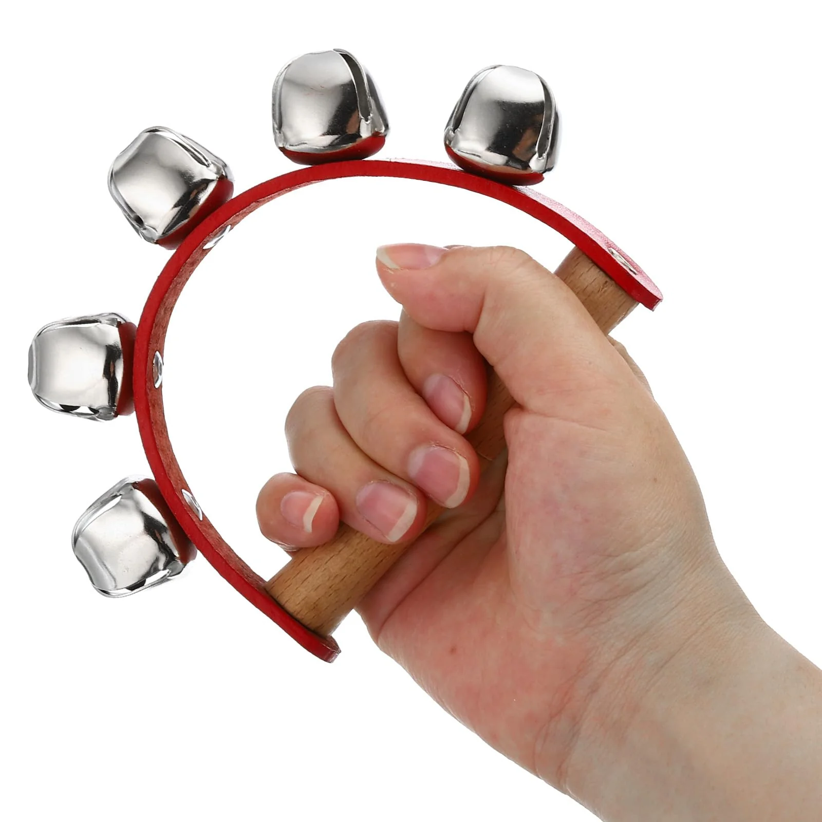 PATIKIL 6pcs Hand Jingle Bells, Hand Bell Handheld Wrist Bells Sleigh Bells Wooden Hand Percussion Instruments Musical with 5 Bells for Music Class Party Christmas, Red 6 - Image 4