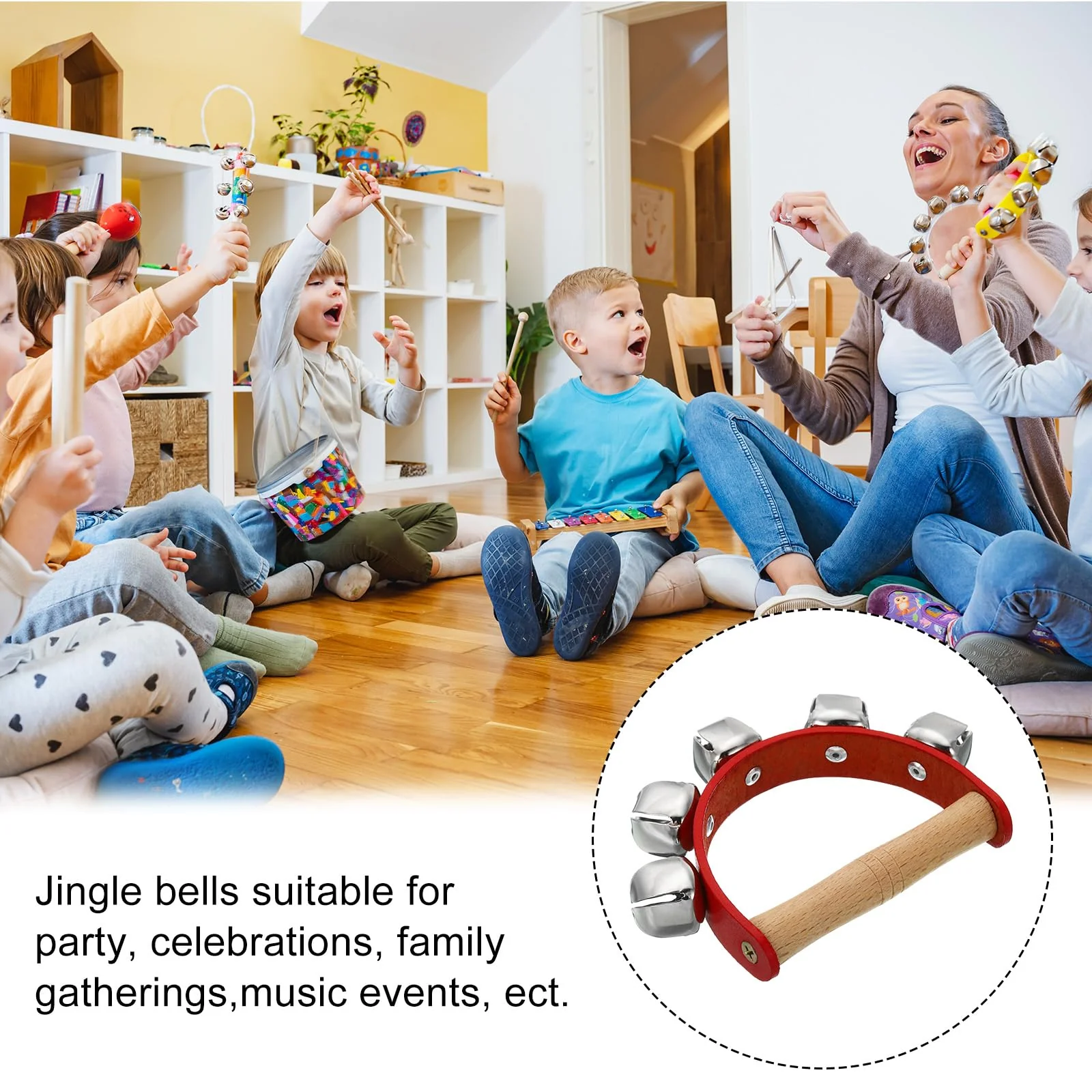 PATIKIL 6pcs Hand Jingle Bells, Hand Bell Handheld Wrist Bells Sleigh Bells Wooden Hand Percussion Instruments Musical with 5 Bells for Music Class Party Christmas, Red 6 - Image 5