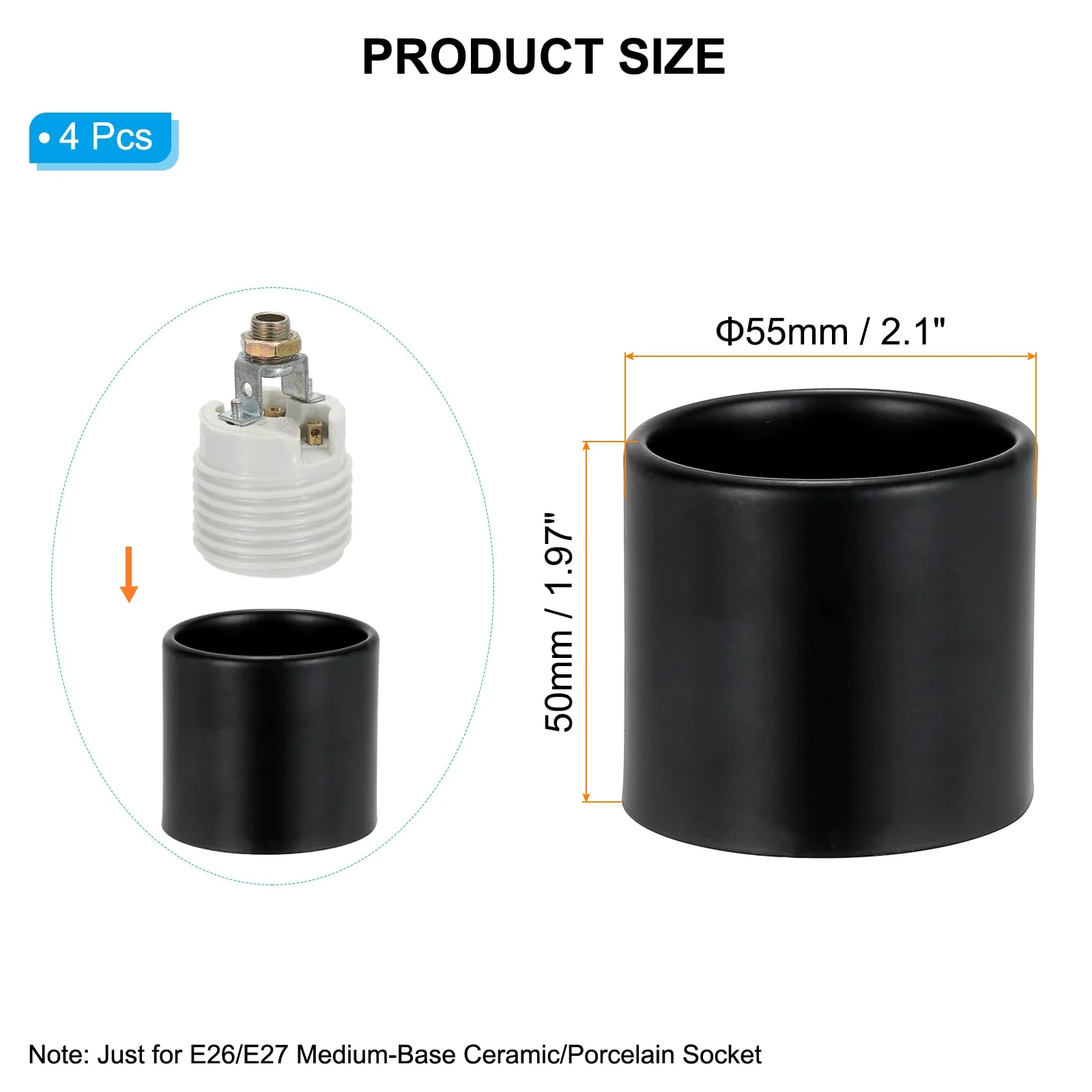 PATIKIL Light Socket Shade Ring, 4pcs E26 E27 Medium Base Metal Sockets Lock Ceramic/Porcelain Sockets with Thread Diameter 1-1/2 Inches for Hanging Lamp Holder, Black 50mm / 1.97" - Image 2