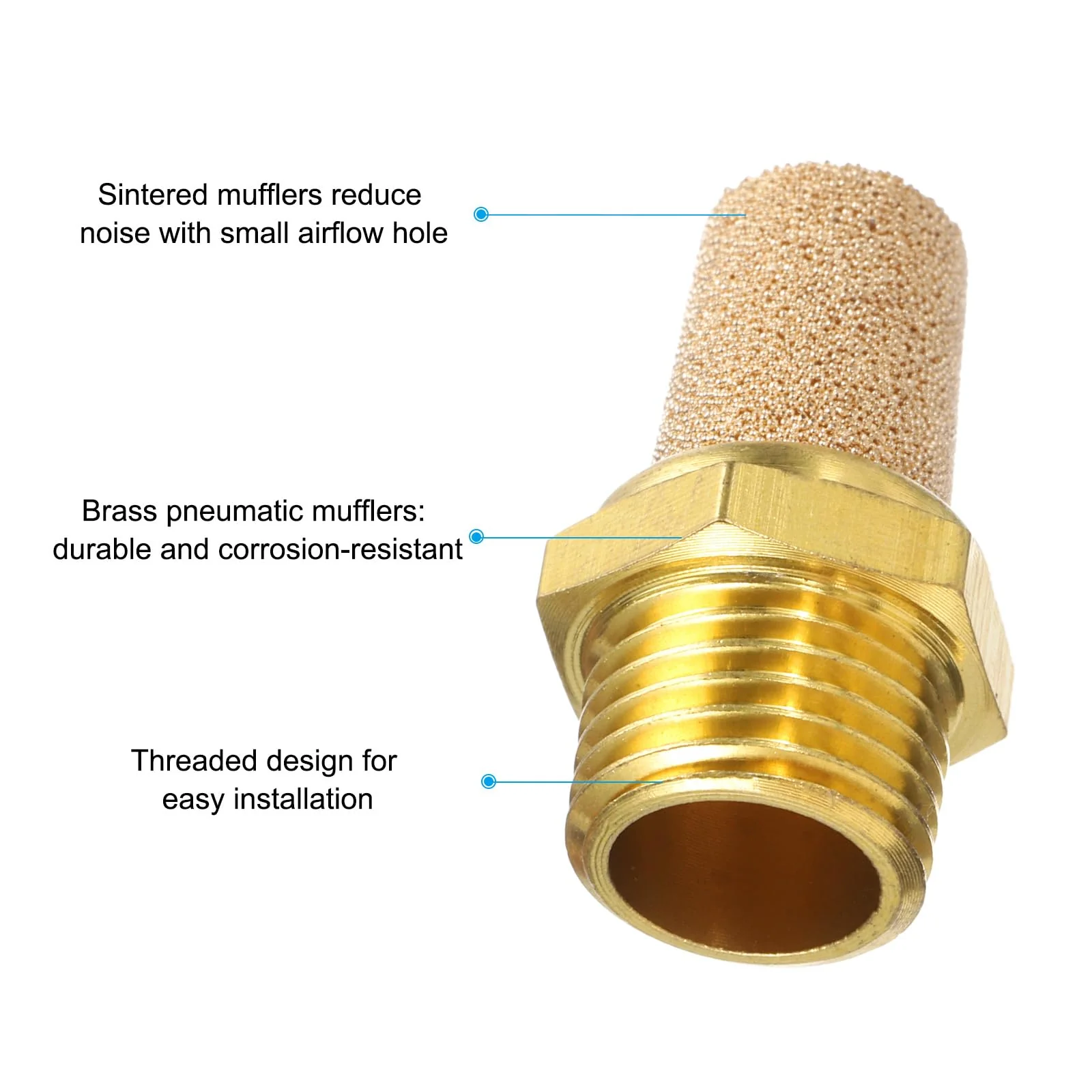 PATIKIL Pneumatic Muffler G 1/4, 2 Pack Sintered Bronze Brass Air Compressor Exhaust Muffler Filters Air Solenoid Valve Muffler Fitting for Automation Pneumatic Equipment, Golden - Image 2