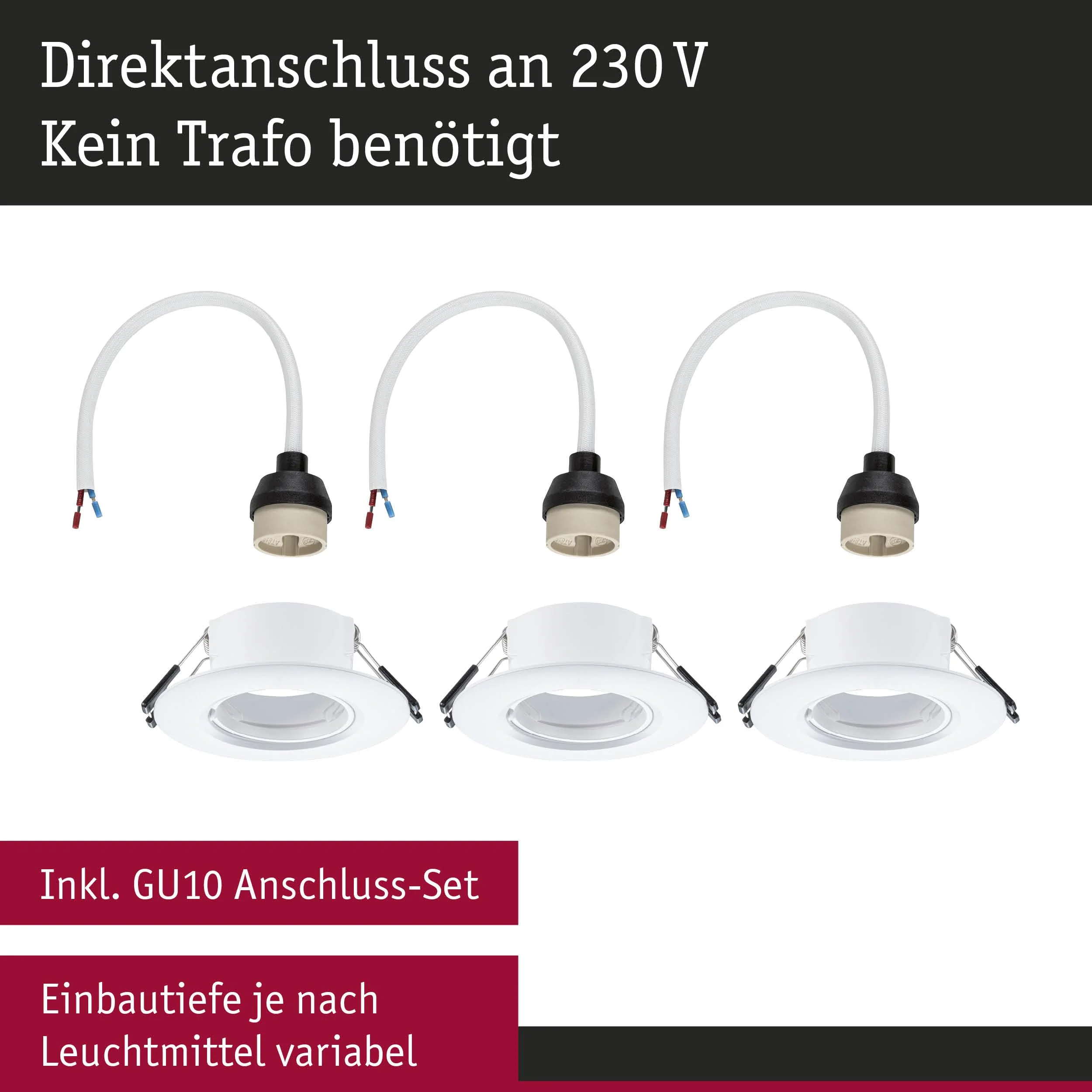 Paulmann 92112 Recessed Light Set of 3 Rigid Round 90 mm GU10 Max. 3 x 10 W 230 V White Recessed Lamp - Image 4