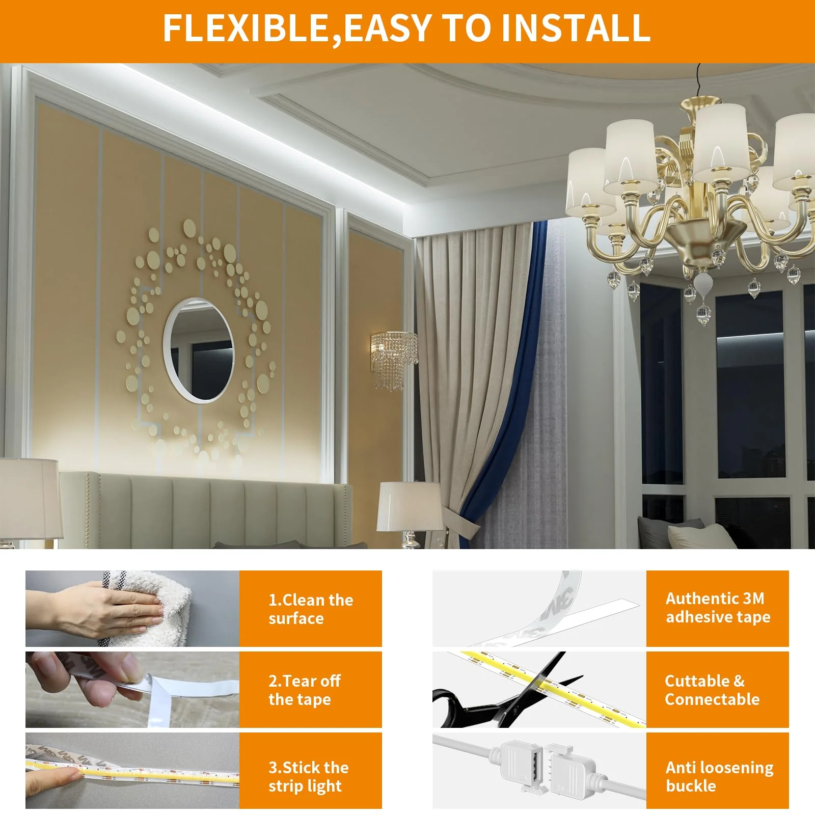 PAUTIX CCT COB LED Strip Light White Tunable 3200LEDs,CRI90+ 16.4ft/5m Dimmable 2700K-6500K 24V LED Tape Lights Kit,Work with Alexa/Google Assistant,for Under Cabinet Bedroom Kitchen DIY Lighting 2700K-6500K/16.4ft(Support Voice Activation) - Image 7