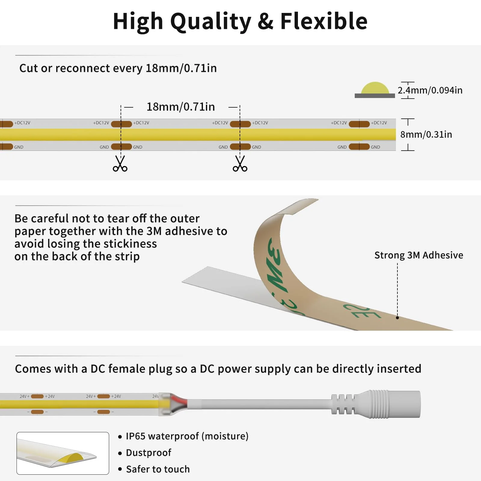 PAUTIX COB LED Strip Light 12V Warm White 3000K Waterproof IP65 18Ft CRI90+ Flexible LED Tape Lights for Cabinet Engineering Home DIY Lighting Project with 8mm Connector(Power Supply Not Included) 3000k/IP65 Waterproof - Image 4