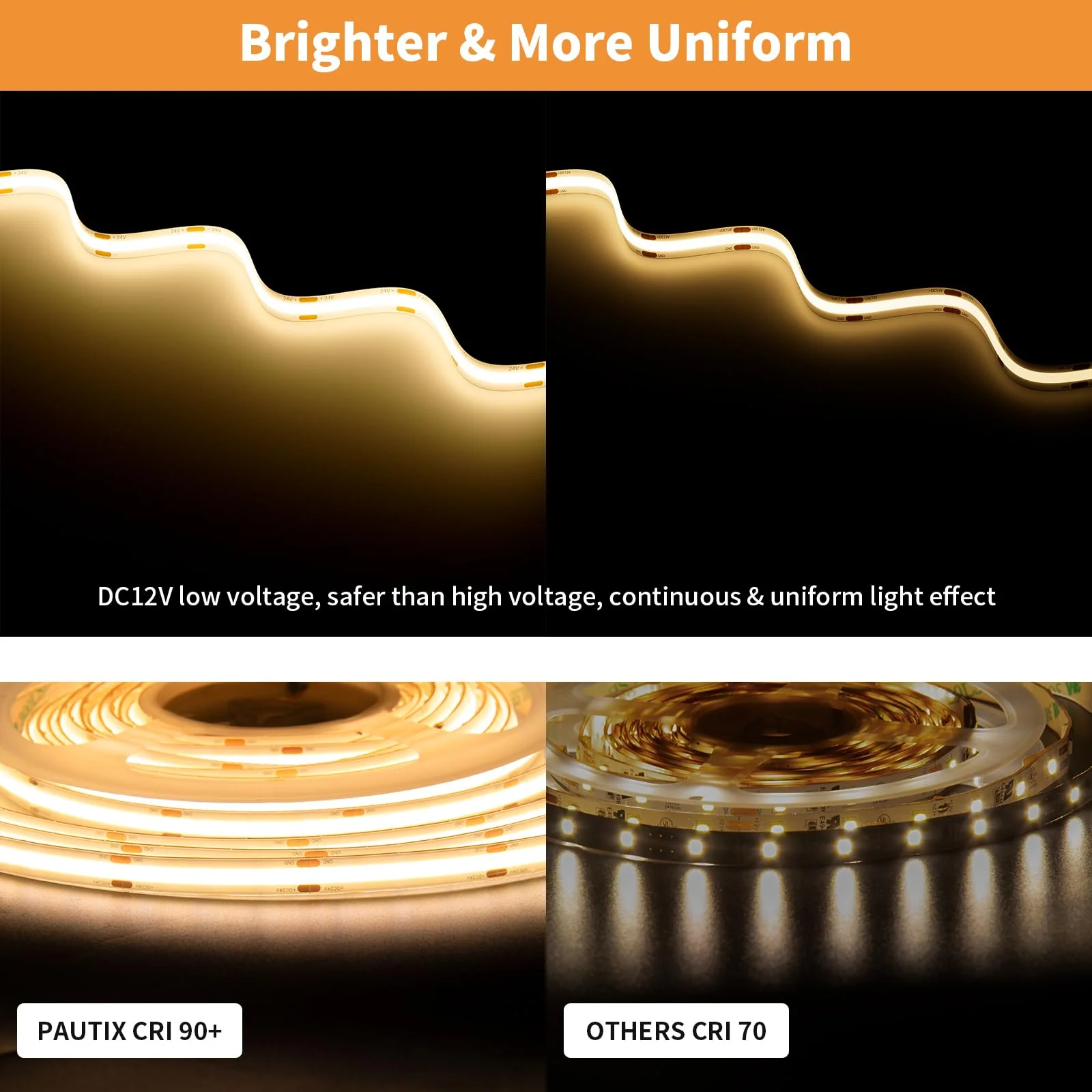 PAUTIX COB LED Strip Light 12V Warm White 3000K Waterproof IP65 18Ft CRI90+ Flexible LED Tape Lights for Cabinet Engineering Home DIY Lighting Project with 8mm Connector(Power Supply Not Included) 3000k/IP65 Waterproof - Image 5