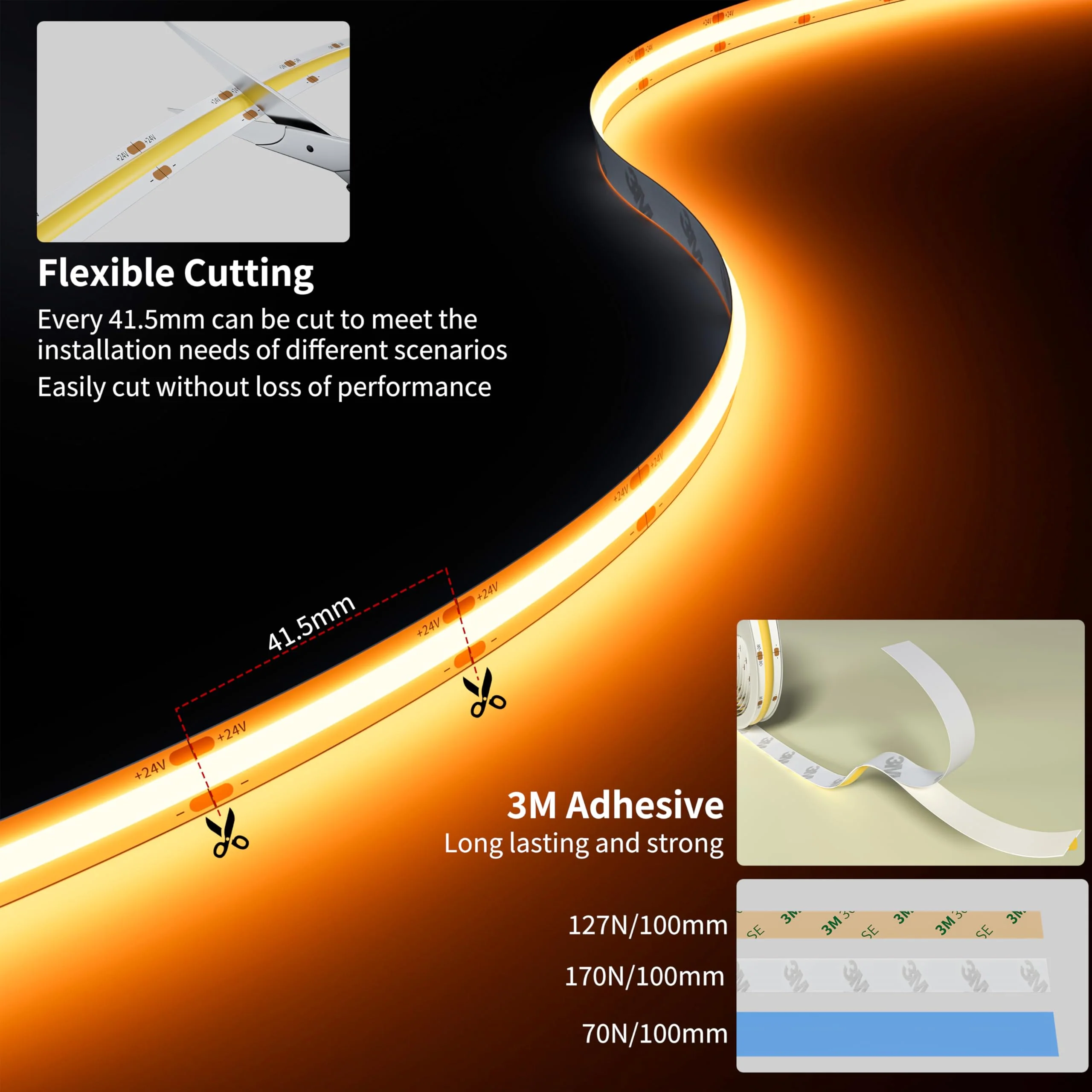 PAUTIX COB LED Strip Light 20ft/6.1m 3087LEDs Warm White 2000K CRI90+ High Lumen,DC24V Flexible LED Tape for Cabinet Home DIY Lighting Projects with 1pcs COB Connector Wire(Power Supply Not Included) 2000K/20ft - Image 5
