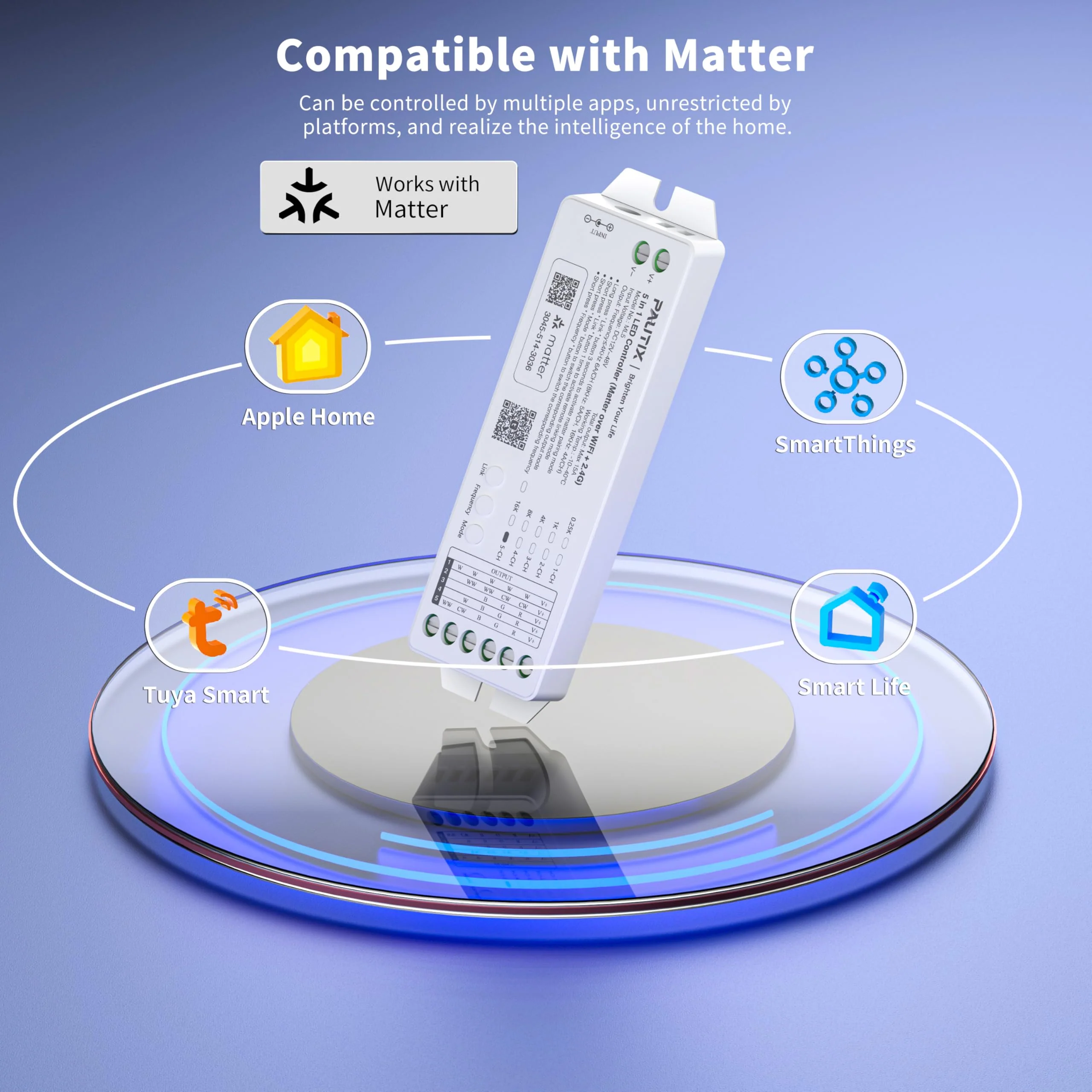 PAUTIX Matter WiFi LED Controller 5in1 ML5 Compatible with Tuya APP/Homekit/Smart Life/Alexa/Google Home/Siri, DC12-48V Dimmable Controller for Single Color/CCT/RGB/RGBW/RGBCCT LED Strip Lights PWM 5IN1(Support Matter) - Image 2
