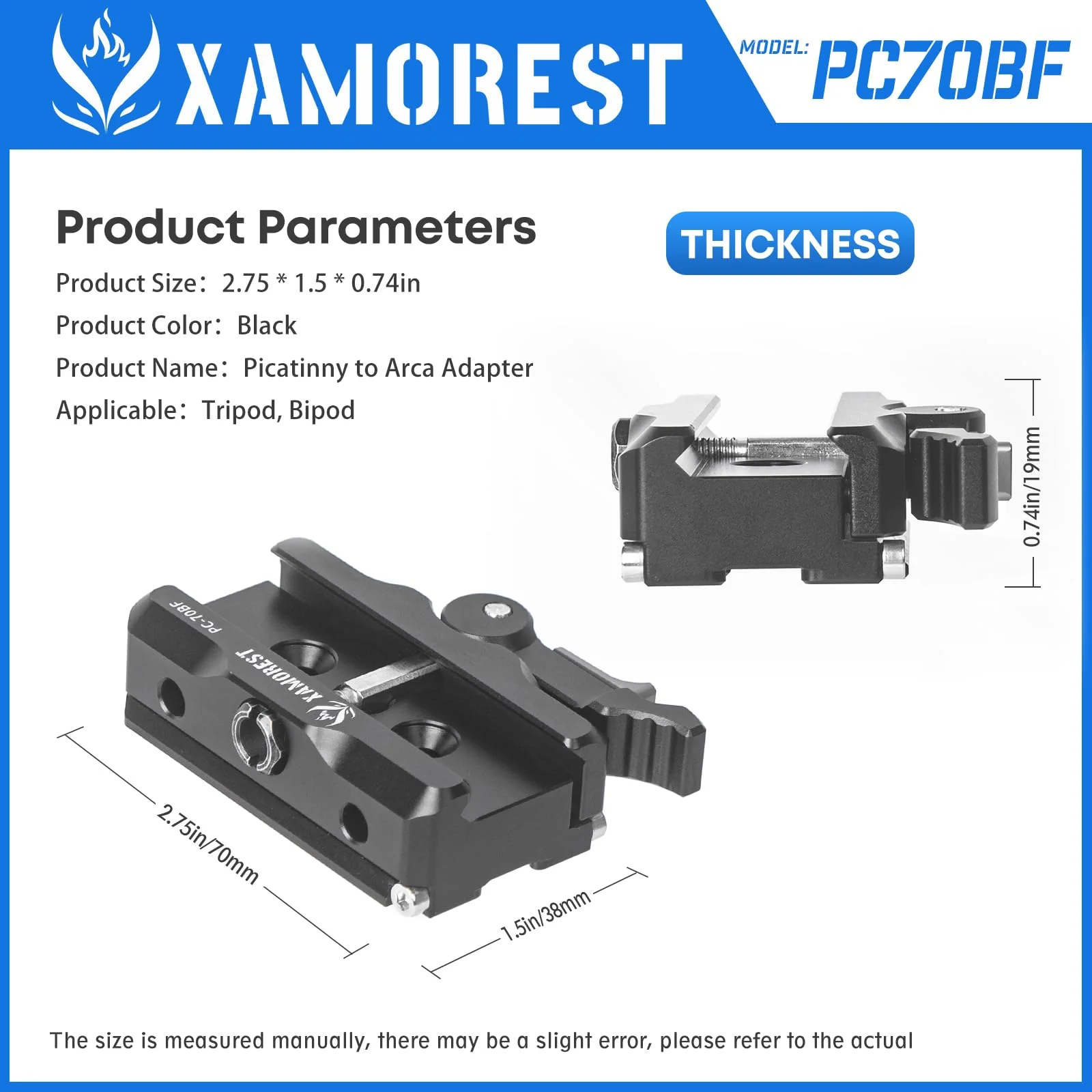 PC70-BF Picatinny Arca Swiss Plate, 2.75 inch Picatinny Arca Rail Mount for Rifle Tripod Ballhead Quick Release Plate, Compatiable RRS Dovetail, Suitable for QD Sling & ARMS 17S Style PC70-BF - Image 3