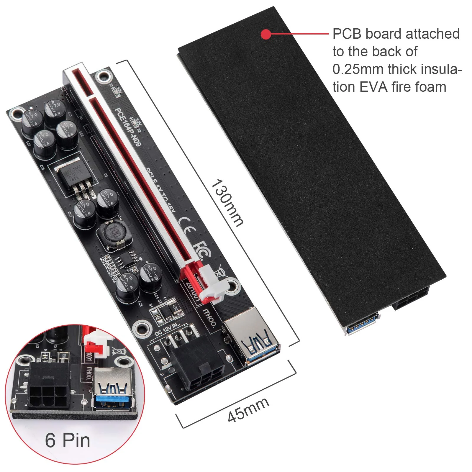 PCI-E 1X to 16X V009S-PLUS Riser Card - Graphics Extension Powered Riser Adapter Card for GPU Mining with 24in USB 3.0 Extension Cable & 6PIN SATA Power Cable（Black-6 Pieces） Black-V009S-PLUS - Image 4