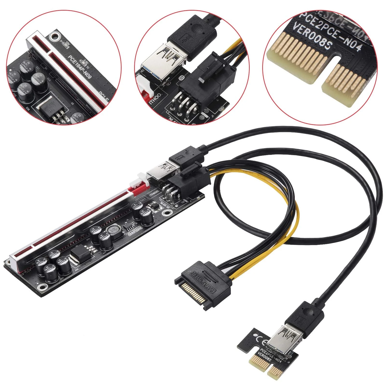 PCI-E 1X to 16X V009S-PLUS Riser Card - Graphics Extension Powered Riser Adapter Card for GPU Mining with 24in USB 3.0 Extension Cable & 6PIN SATA Power Cable（Black-6 Pieces） Black-V009S-PLUS - Image 6