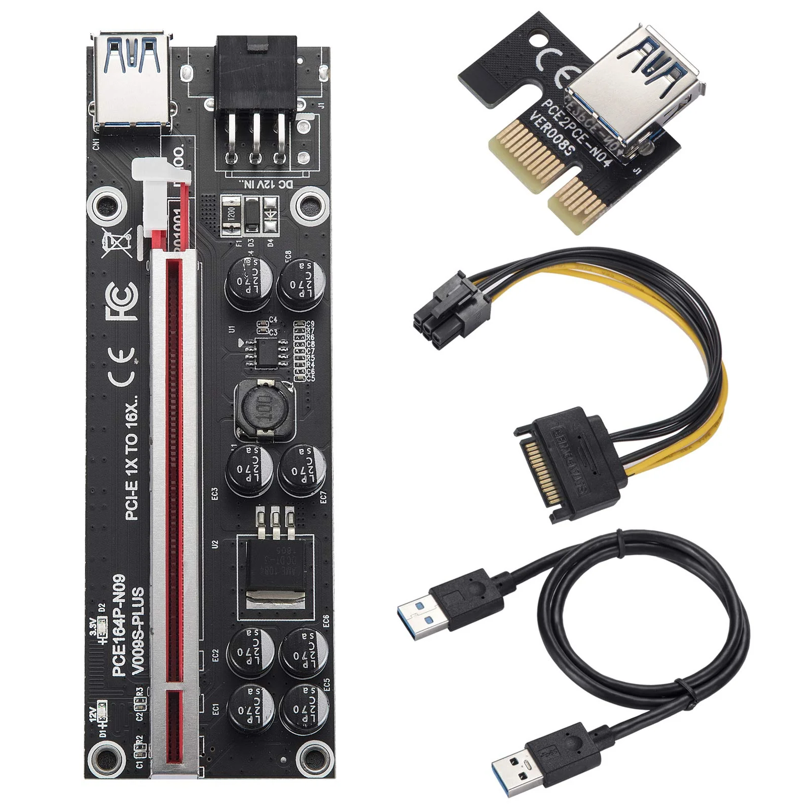 PCI-E 1X to 16X V009S-PLUS Riser Card - Graphics Extension Powered Riser Adapter Card for GPU Mining with 24in USB 3.0 Extension Cable & 6PIN SATA Power Cable（Black-6 Pieces） Black-V009S-PLUS - Image 7