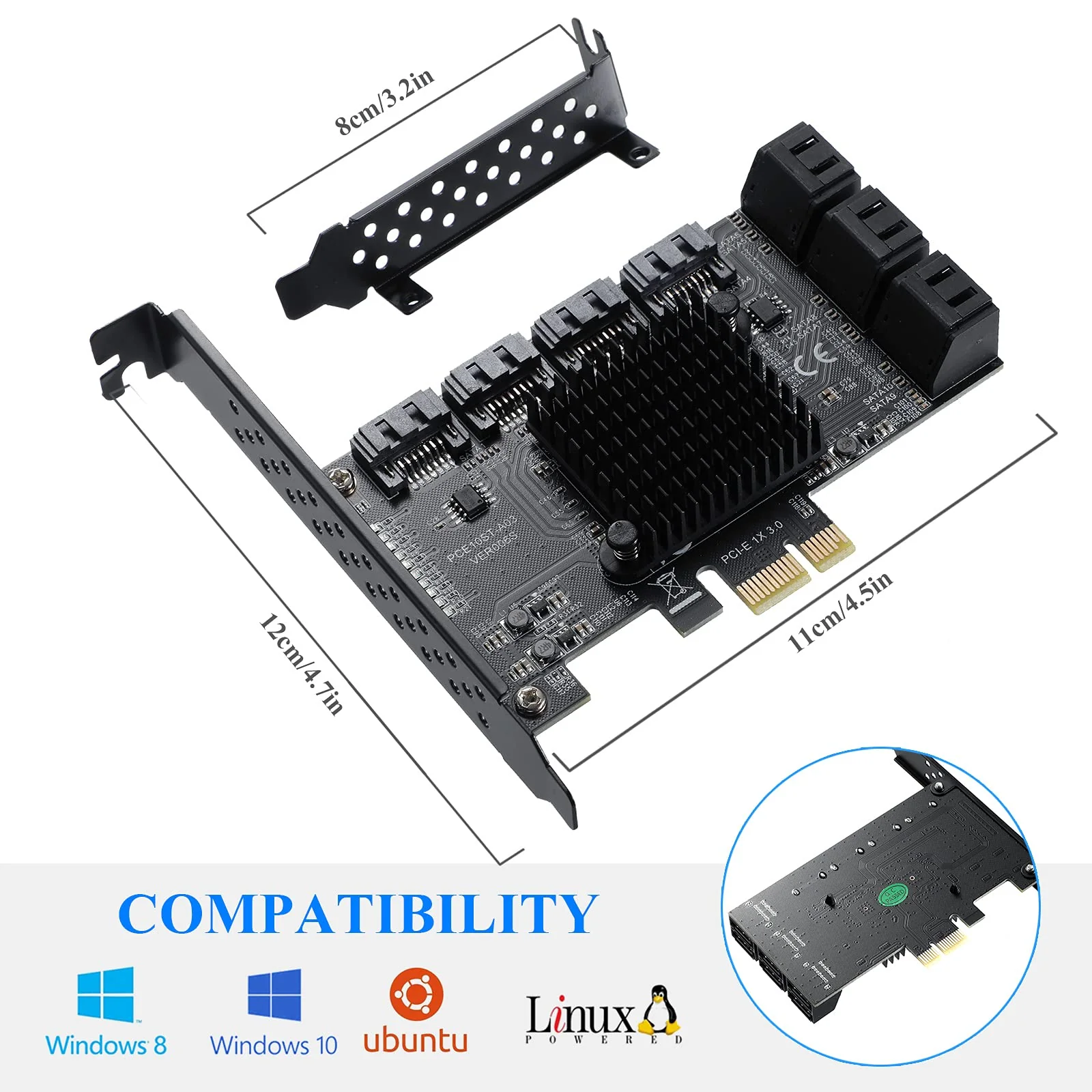 PCIE SATA 10Ports Card, PCI-E to SATA3.0 6Gbps, SATA Controller, PCI Express Expansion Card with 10 SATA Cable, Compatible with WIN8/WIN10/Ubuntu - Image 2