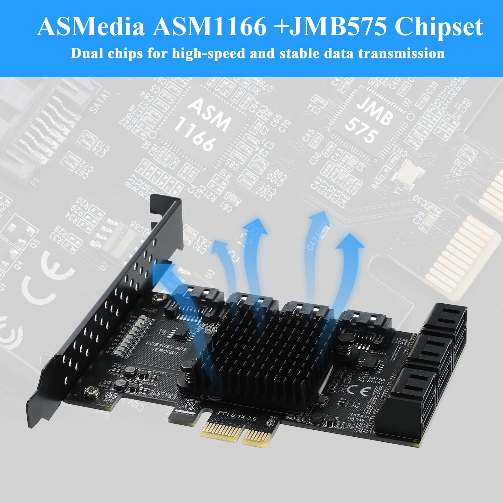 PCIE SATA 10Ports Card, PCI-E to SATA3.0 6Gbps, SATA Controller, PCI Express Expansion Card with 10 SATA Cable, Compatible with WIN8/WIN10/Ubuntu - Image 3