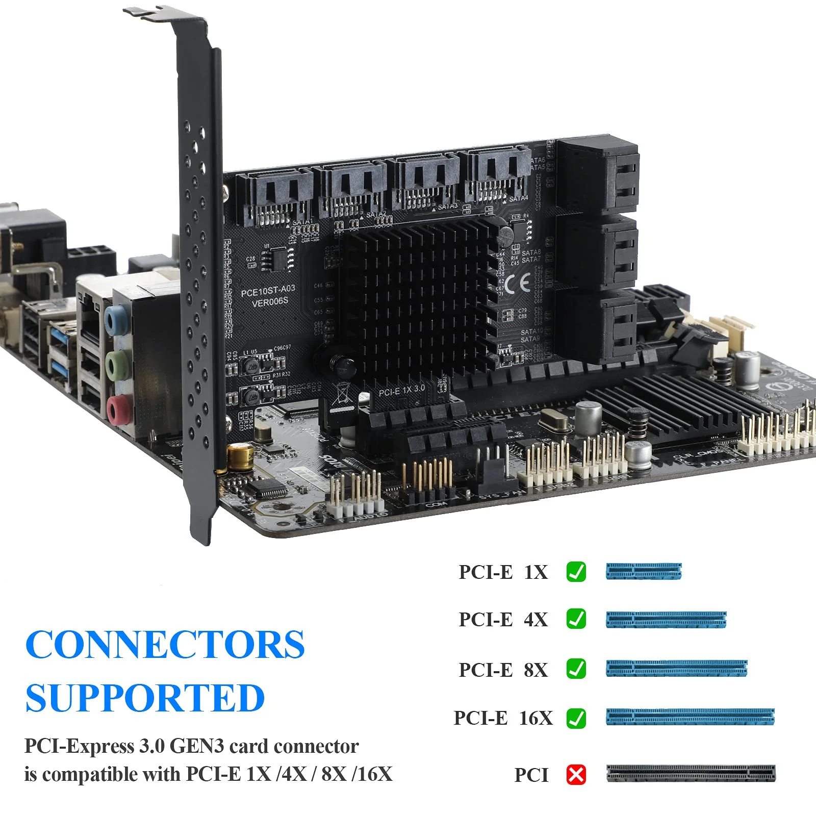 PCIE SATA 10Ports Card, PCI-E to SATA3.0 6Gbps, SATA Controller, PCI Express Expansion Card with 10 SATA Cable, Compatible with WIN8/WIN10/Ubuntu - Image 4