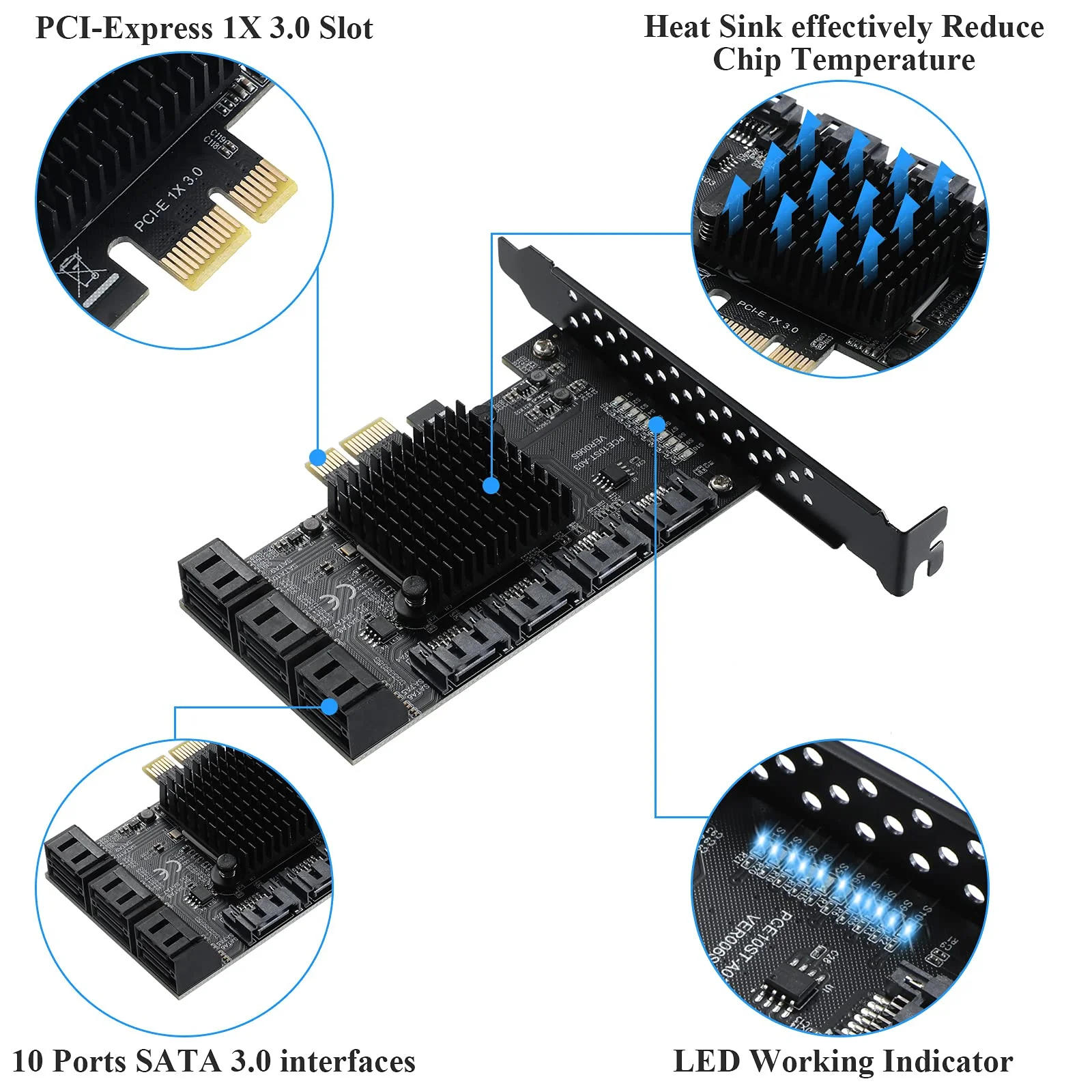 PCIE SATA 10Ports Card, PCI-E to SATA3.0 6Gbps, SATA Controller, PCI Express Expansion Card with 10 SATA Cable, Compatible with WIN8/WIN10/Ubuntu - Image 5