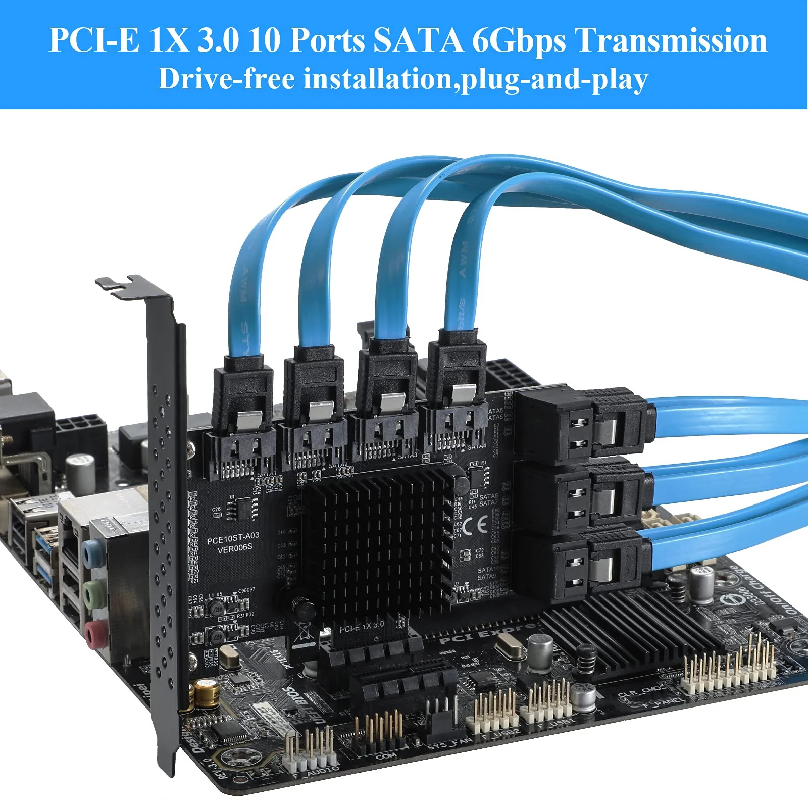 PCIE SATA 10Ports Card, PCI-E to SATA3.0 6Gbps, SATA Controller, PCI Express Expansion Card with 10 SATA Cable, Compatible with WIN8/WIN10/Ubuntu - Image 6
