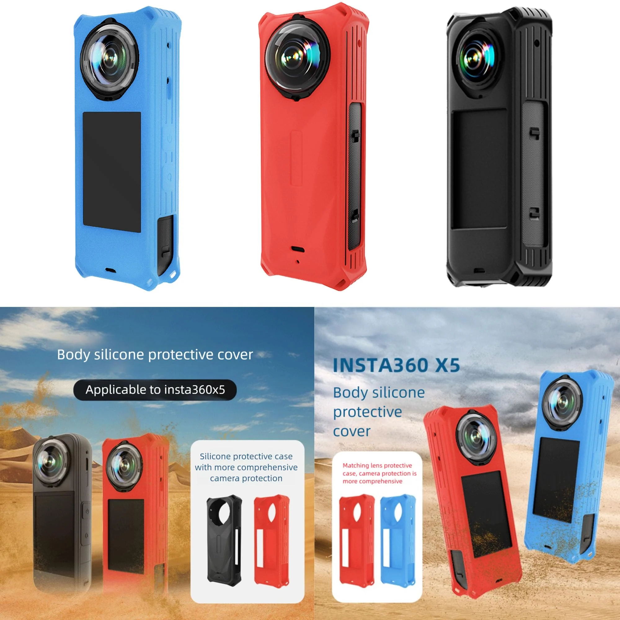 PCTC 360 X5 Silicone Case +Lens Cap Compatible with Insta360 X5 Accessories All-Round Shockproof Lightweight (Red) Red - Image 3