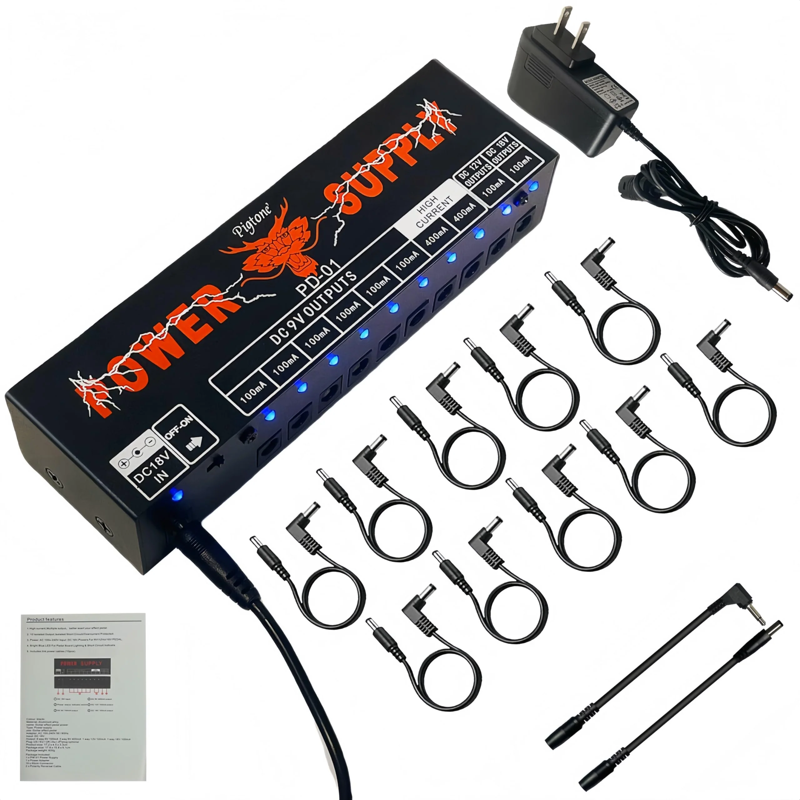 PD-01 Guitar Pedal Power Supply 10 Isolated DC Output for 9V/12V/18V Guitar Effect Pedal
