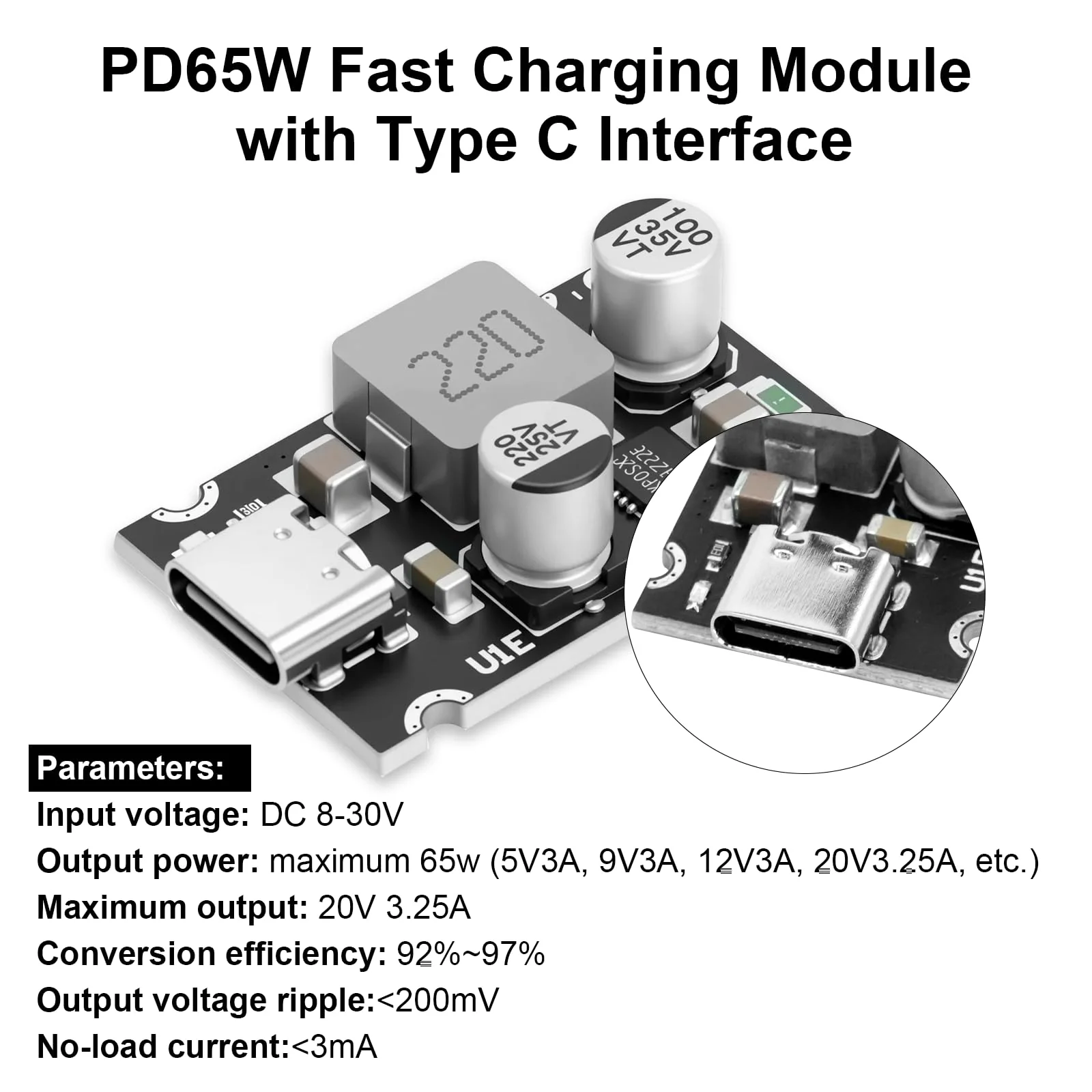PD65W Fast Charging Module, QIQIAZI Fast Charging Module 12V-30V to USB-C PD3.1 QC3.0 with Type-C Port, USB Buck Converter DC-DC Step Down Module for Phone Fast Charging (Pack of 3) - Image 4