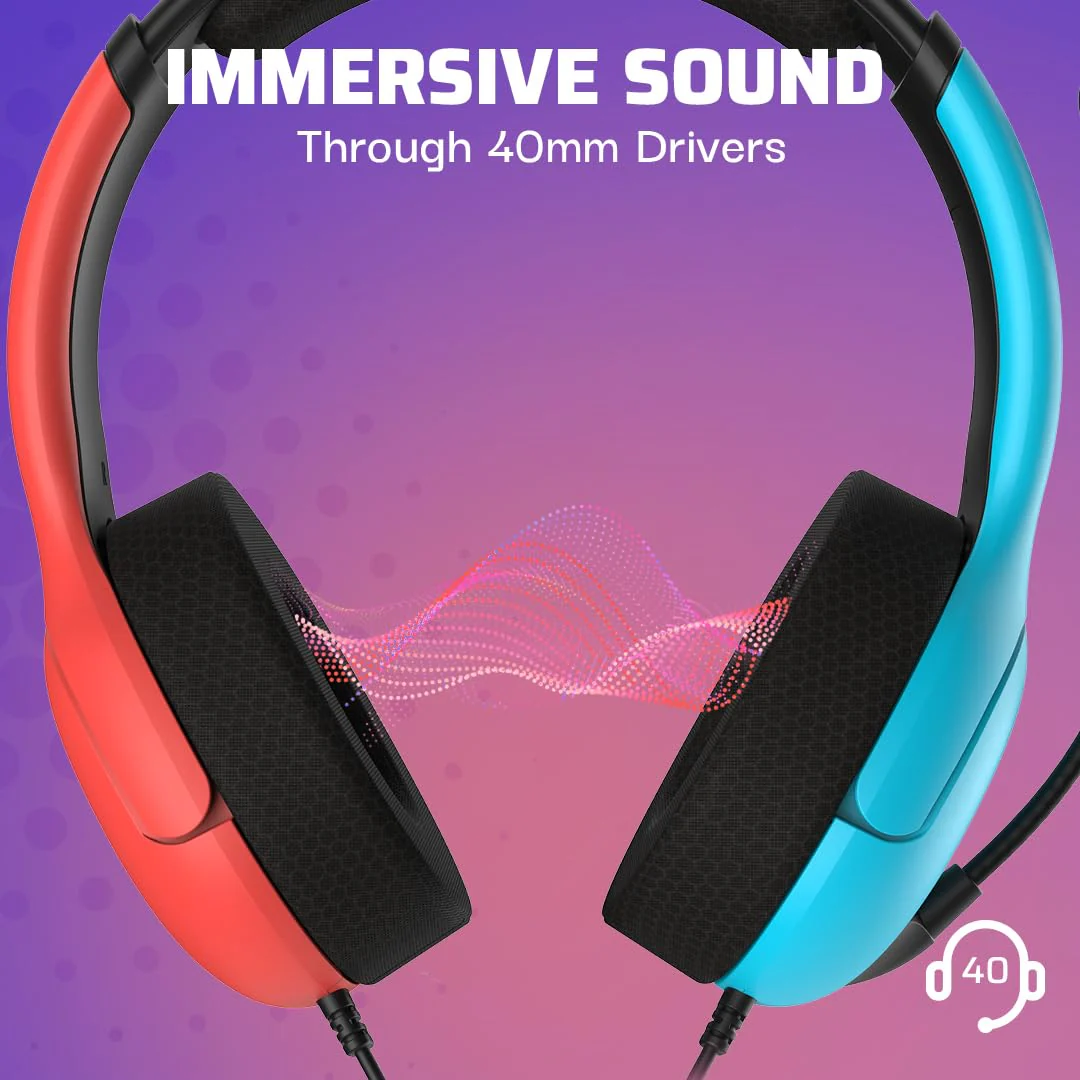 PDP Gaming LVL40 Airlite Stereo Headset for Nintendo Switch/Lite/OLED - Wired Power Noise Cancelling Microphone, Lightweight Soft Comfort On Ear Headphones (Mario Neon - Red & Blue) Blue & Red - Image 2
