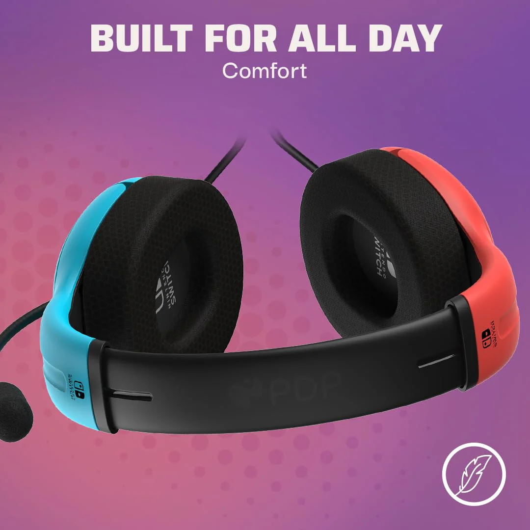 PDP Gaming LVL40 Airlite Stereo Headset for Nintendo Switch/Lite/OLED - Wired Power Noise Cancelling Microphone, Lightweight Soft Comfort On Ear Headphones (Mario Neon - Red & Blue) Blue & Red - Image 4