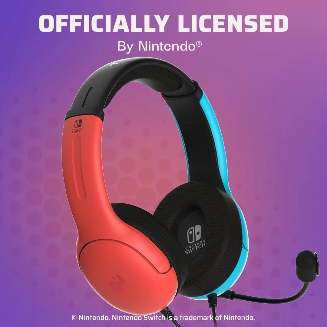 PDP Gaming LVL40 Airlite Stereo Headset for Nintendo Switch/Lite/OLED - Wired Power Noise Cancelling Microphone, Lightweight Soft Comfort On Ear Headphones (Mario Neon - Red & Blue) Blue & Red - Image 5