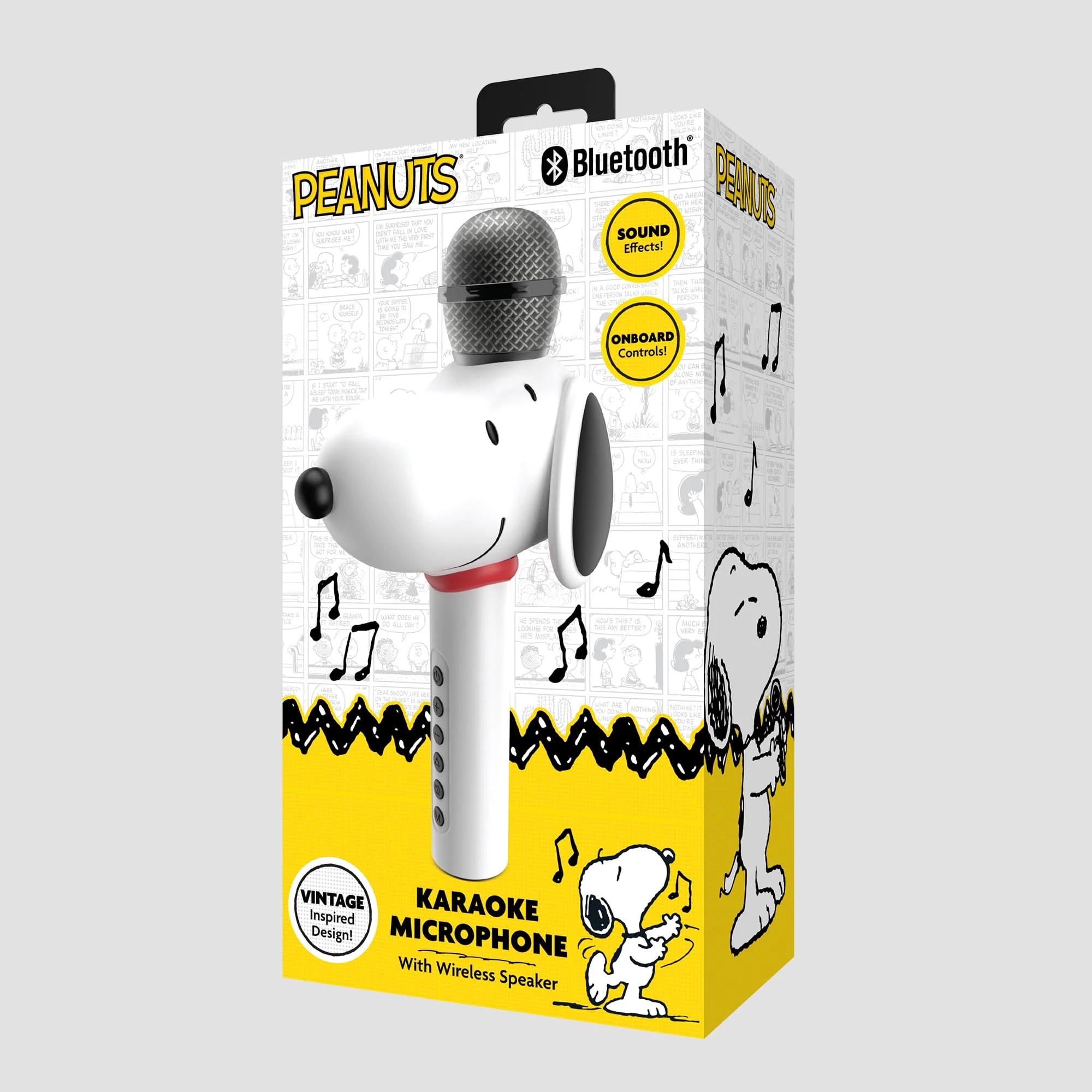 Peanuts Snoopy Bluetooth Karaoke Microphone – Wireless Speaker with Sound Effects, FM Radio, Onboard Controls & Rechargeable Battery – Vintage Inspired Design White - Image 3