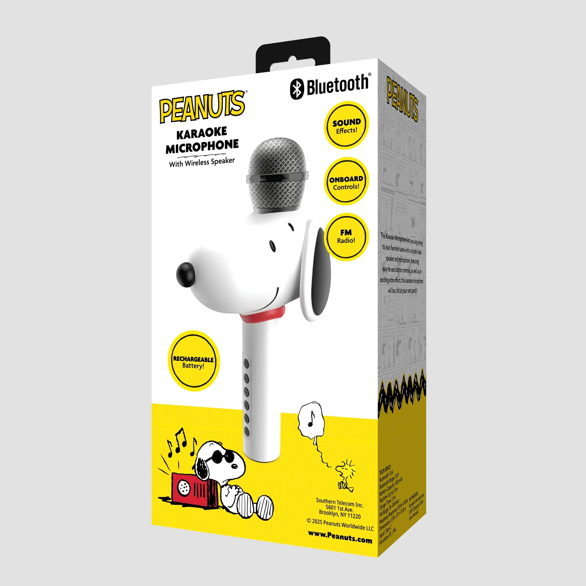 Peanuts Snoopy Bluetooth Karaoke Microphone – Wireless Speaker with Sound Effects, FM Radio, Onboard Controls & Rechargeable Battery – Vintage Inspired Design White - Image 4