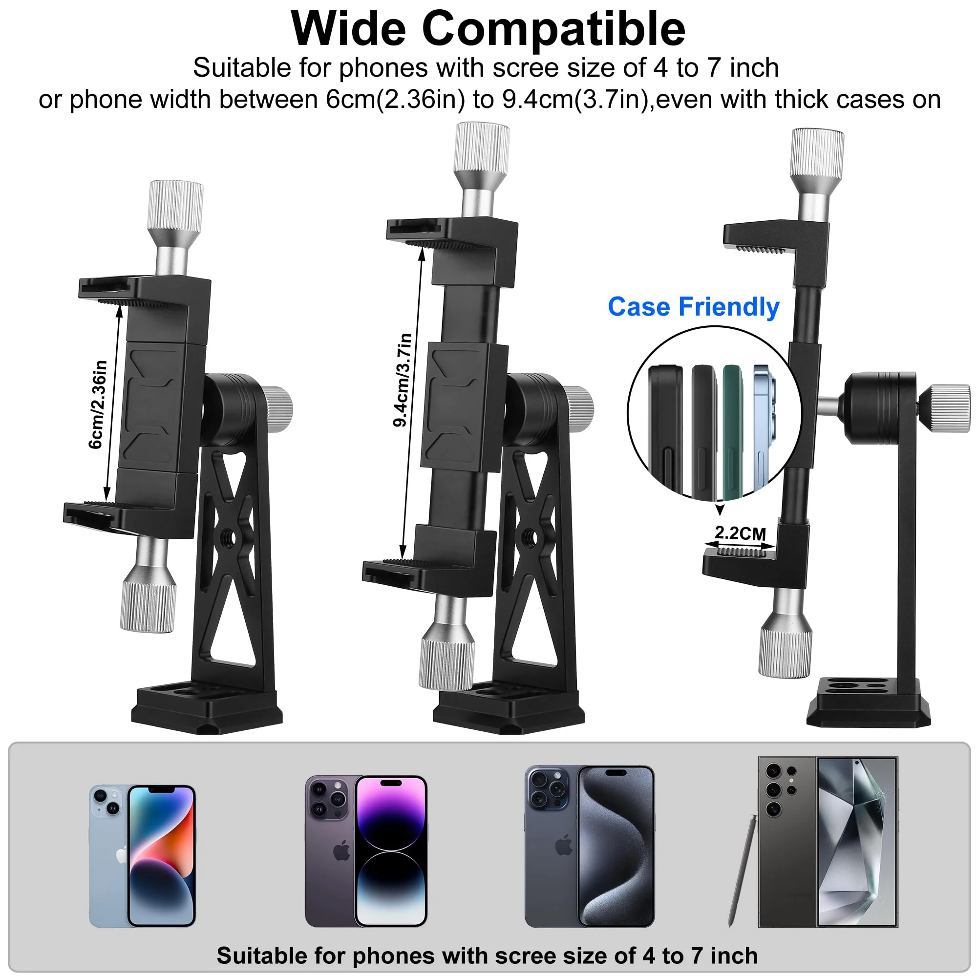 Peastrex Metal Phone Tripod Mount Extra Deep Clamp with Arca Port Cold Shoe 360°Ball Head Cellphone Tripod Adapter for iPhone Galaxy Smartphone Stand Holder for Vlogging Video Camera Monitor - Image 2