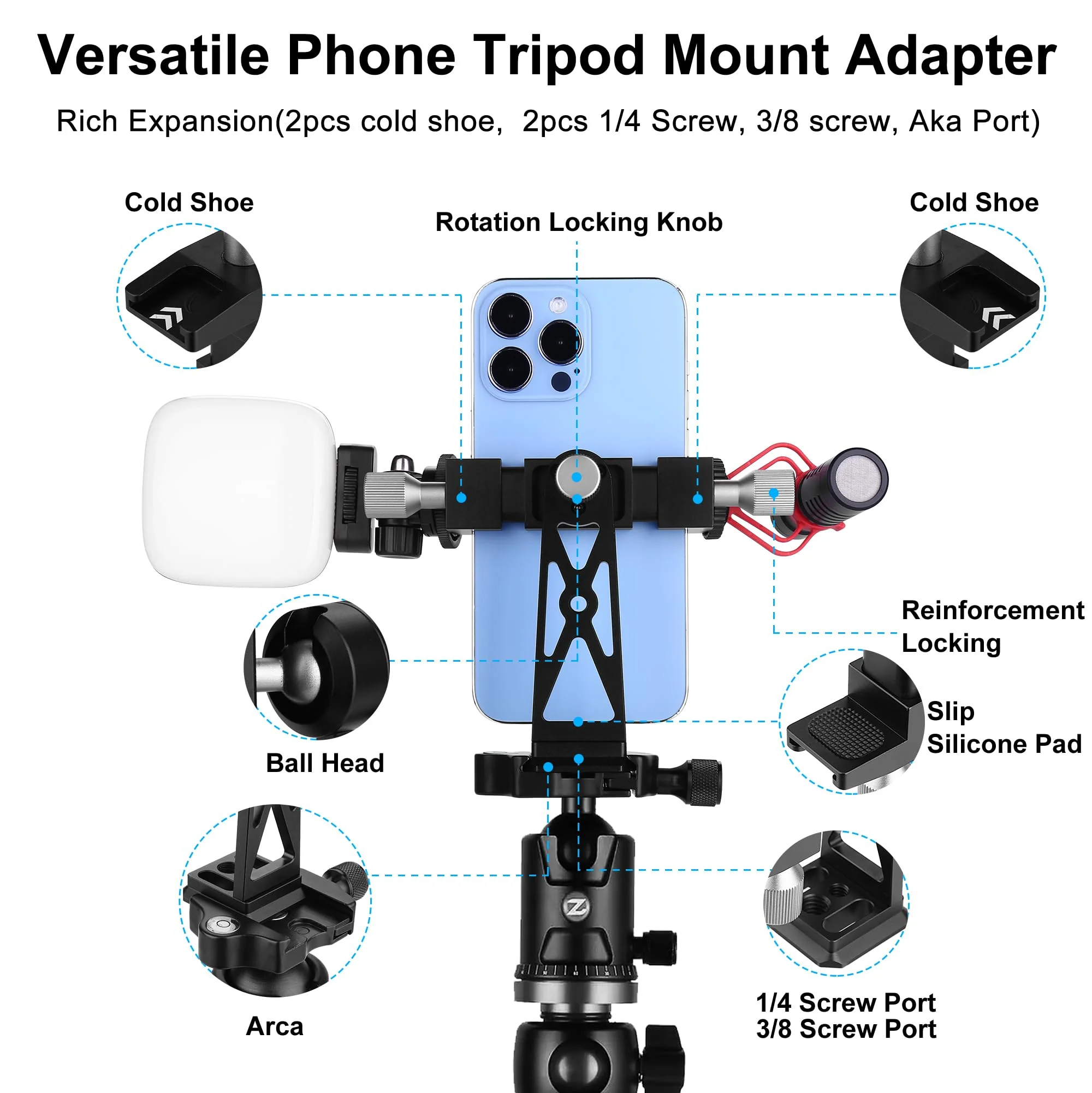 Peastrex Metal Phone Tripod Mount Extra Deep Clamp with Arca Port Cold Shoe 360°Ball Head Cellphone Tripod Adapter for iPhone Galaxy Smartphone Stand Holder for Vlogging Video Camera Monitor - Image 3