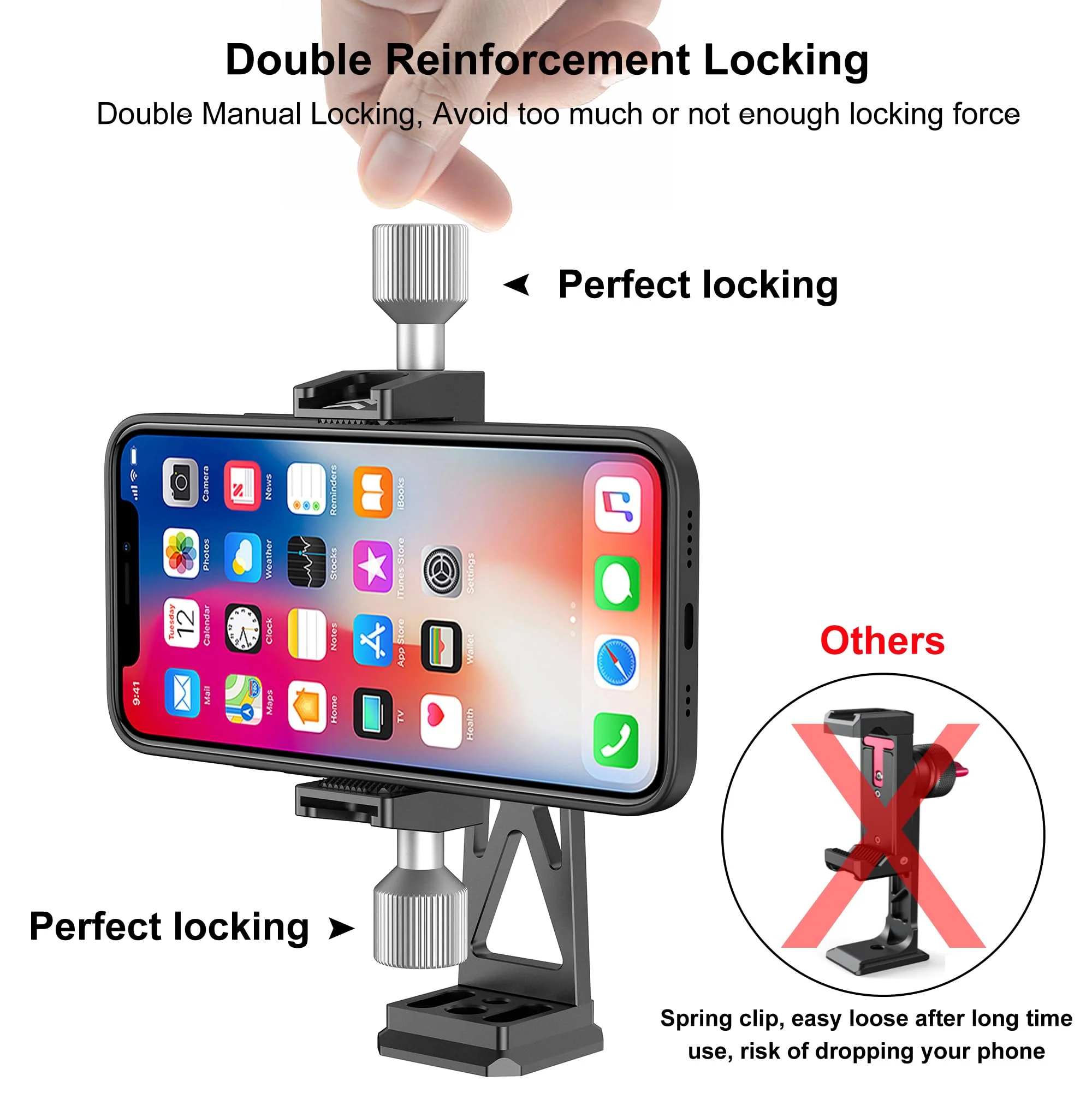 Peastrex Metal Phone Tripod Mount Extra Deep Clamp with Arca Port Cold Shoe 360°Ball Head Cellphone Tripod Adapter for iPhone Galaxy Smartphone Stand Holder for Vlogging Video Camera Monitor - Image 4