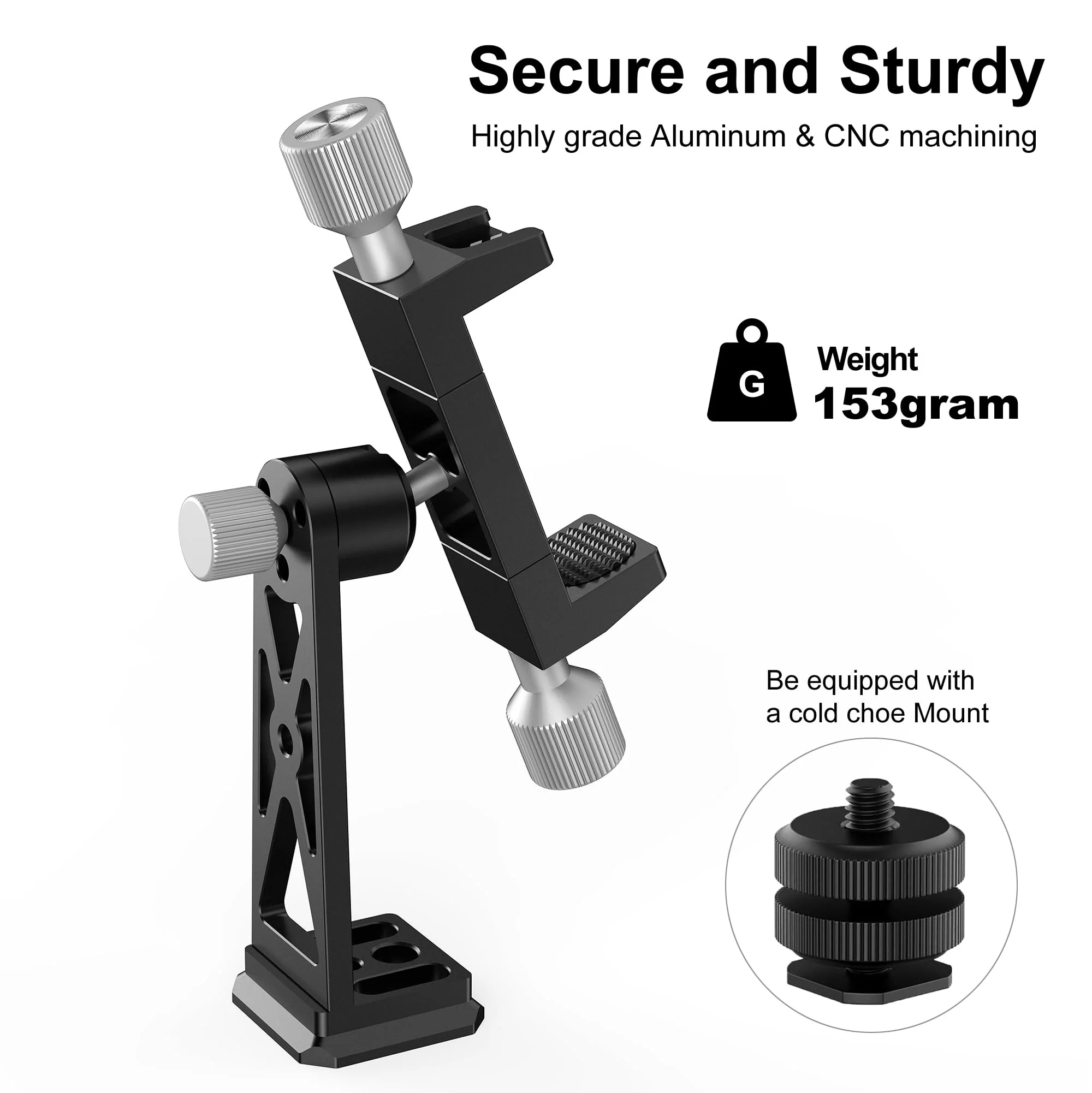 Peastrex Metal Phone Tripod Mount Extra Deep Clamp with Arca Port Cold Shoe 360°Ball Head Cellphone Tripod Adapter for iPhone Galaxy Smartphone Stand Holder for Vlogging Video Camera Monitor - Image 6
