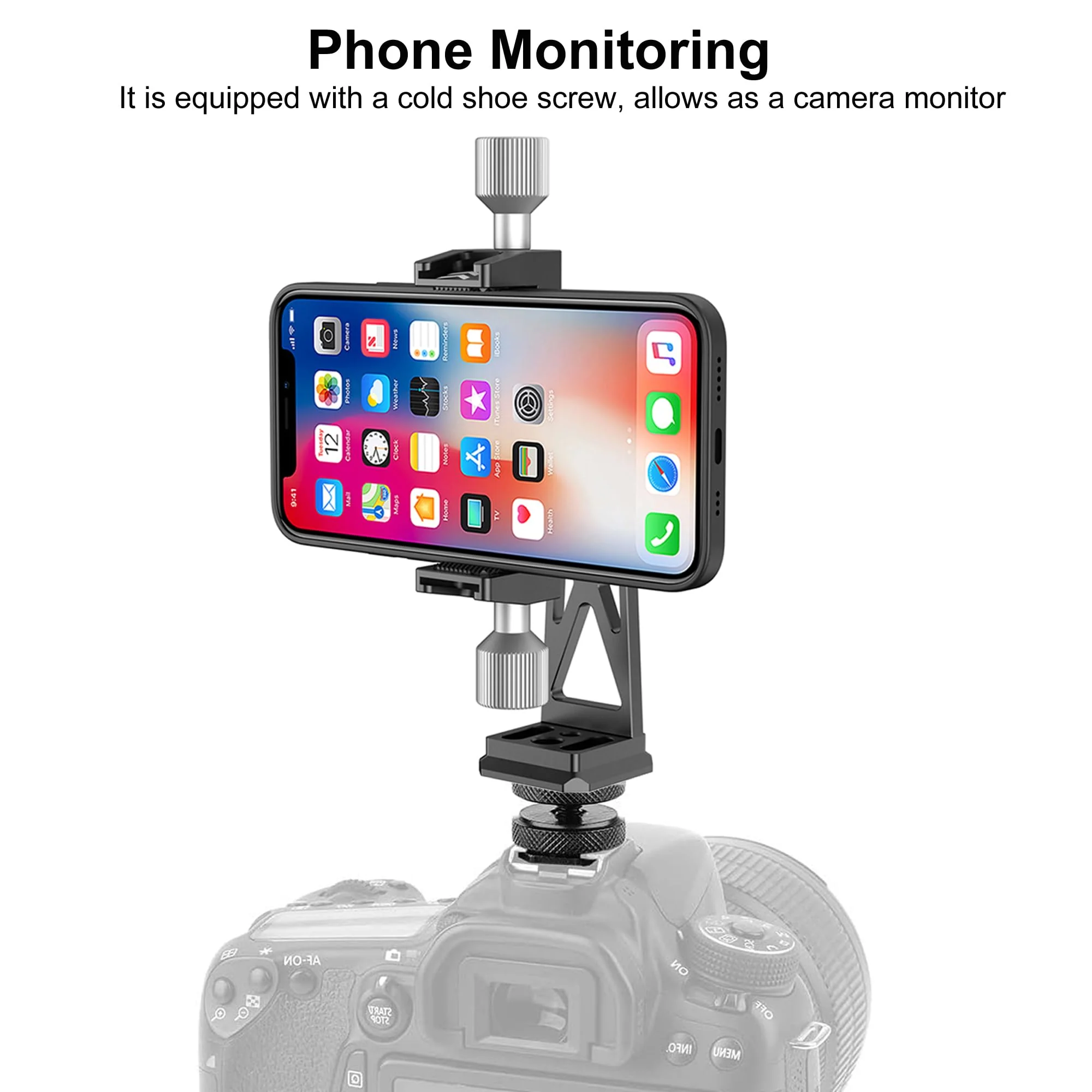 Peastrex Metal Phone Tripod Mount Extra Deep Clamp with Arca Port Cold Shoe 360°Ball Head Cellphone Tripod Adapter for iPhone Galaxy Smartphone Stand Holder for Vlogging Video Camera Monitor - Image 7