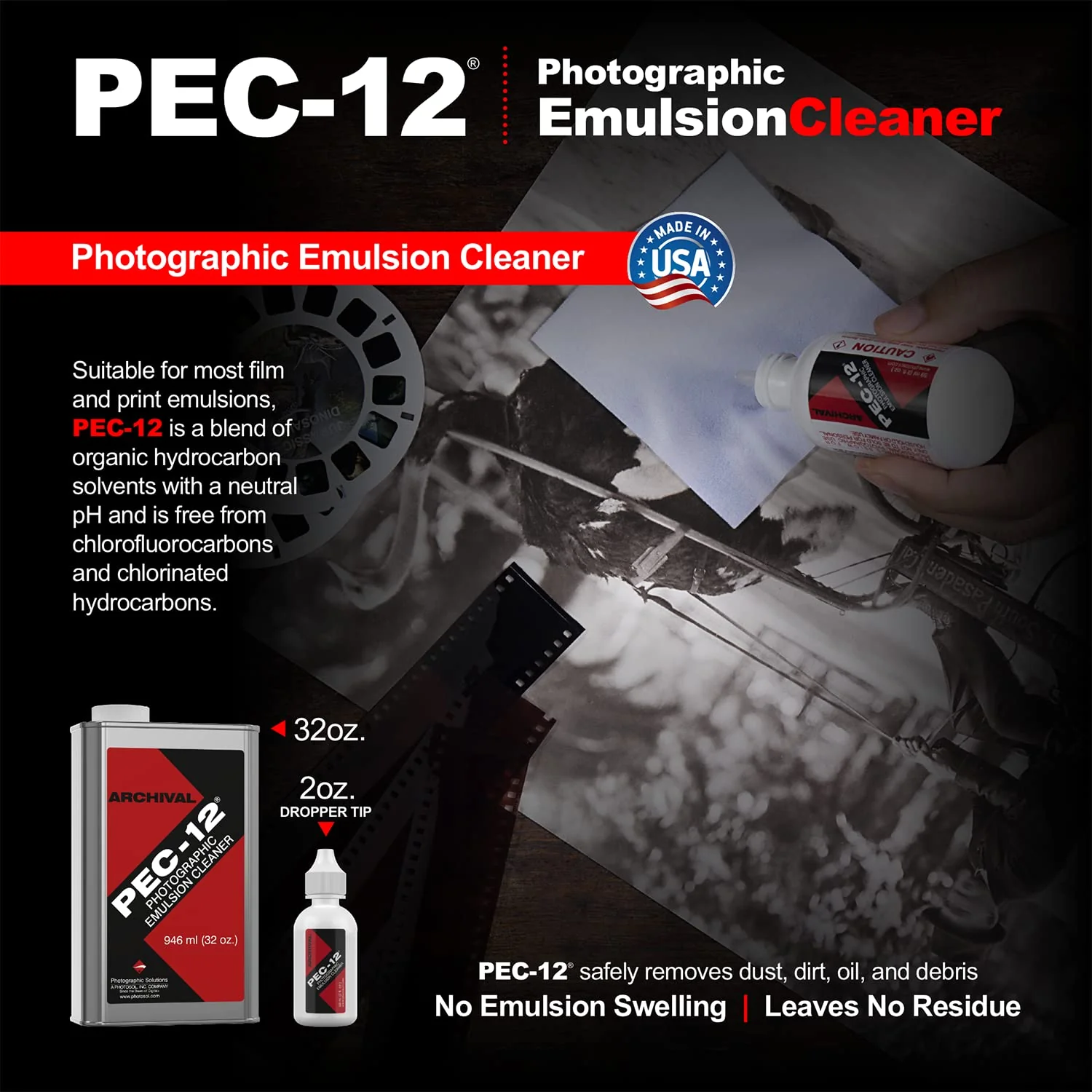 PEC-12 Photographic Emulsion Cleaner - Non-Water Based Stain, Grease, and Ink Remover from Emulsions and Bases for Cleaning Film, Photo Negatives, B&W Slide - with Dropper Tip (2oz) 2 Fl Oz (Pack of 1) - Image 2