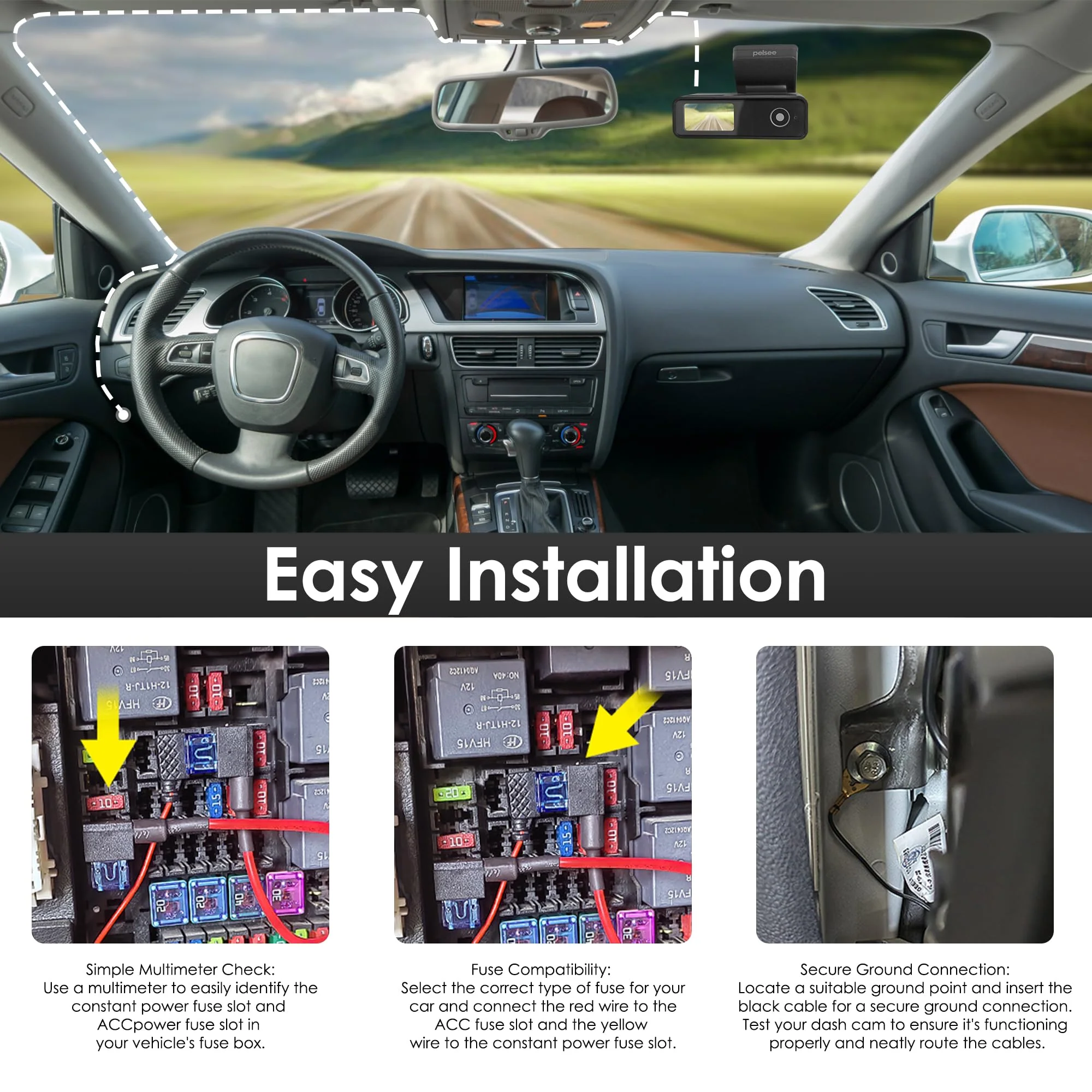 Pelsee Dash Cam Hardwire Kit, Full Set Hard Wire Kit Fuse for P1 Duo Dash Cam Only, 12V-24V to 5V Car Dash Camera Charger Power Cord, 4 Fuse Cable and Installation Tool - Image 5