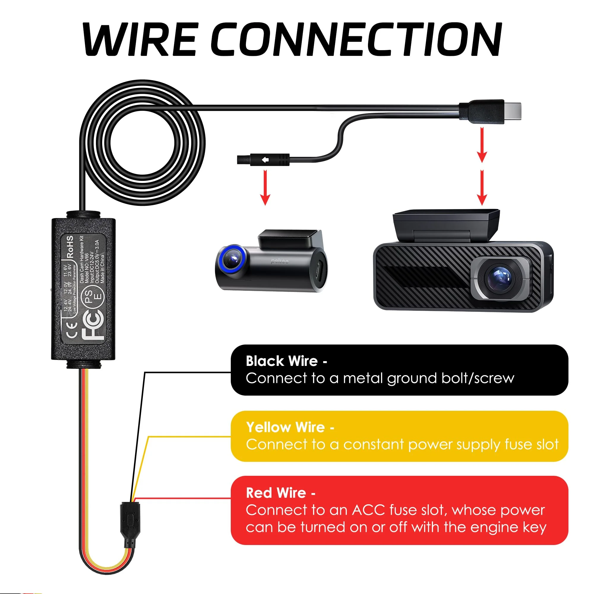 Pelsee Dash Cam Hardwire Kit, Full Set Hard Wire Kit Fuse for P1 Pro, S3 Touch, P1DUO Dash Cam, 12V-24V to 5V Car Dash Camera Charger Power Cord, 4 Fuse Cable and Installation Tool - Image 4