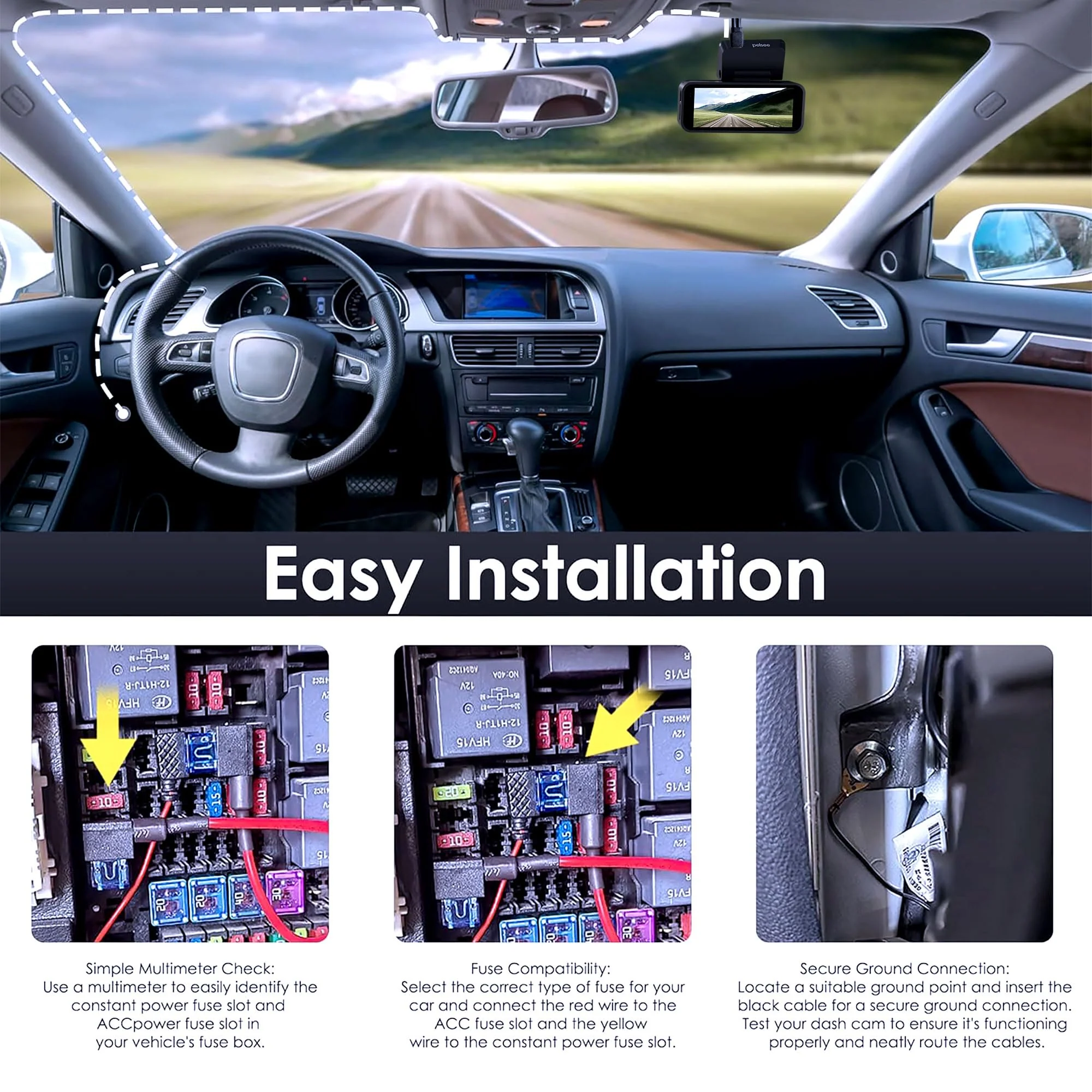 Pelsee Dash Cam Hardwire Kit, Full Set Hard Wire Kit Fuse for P1 Pro, S3 Touch, P1DUO Dash Cam, 12V-24V to 5V Car Dash Camera Charger Power Cord, 4 Fuse Cable and Installation Tool - Image 5