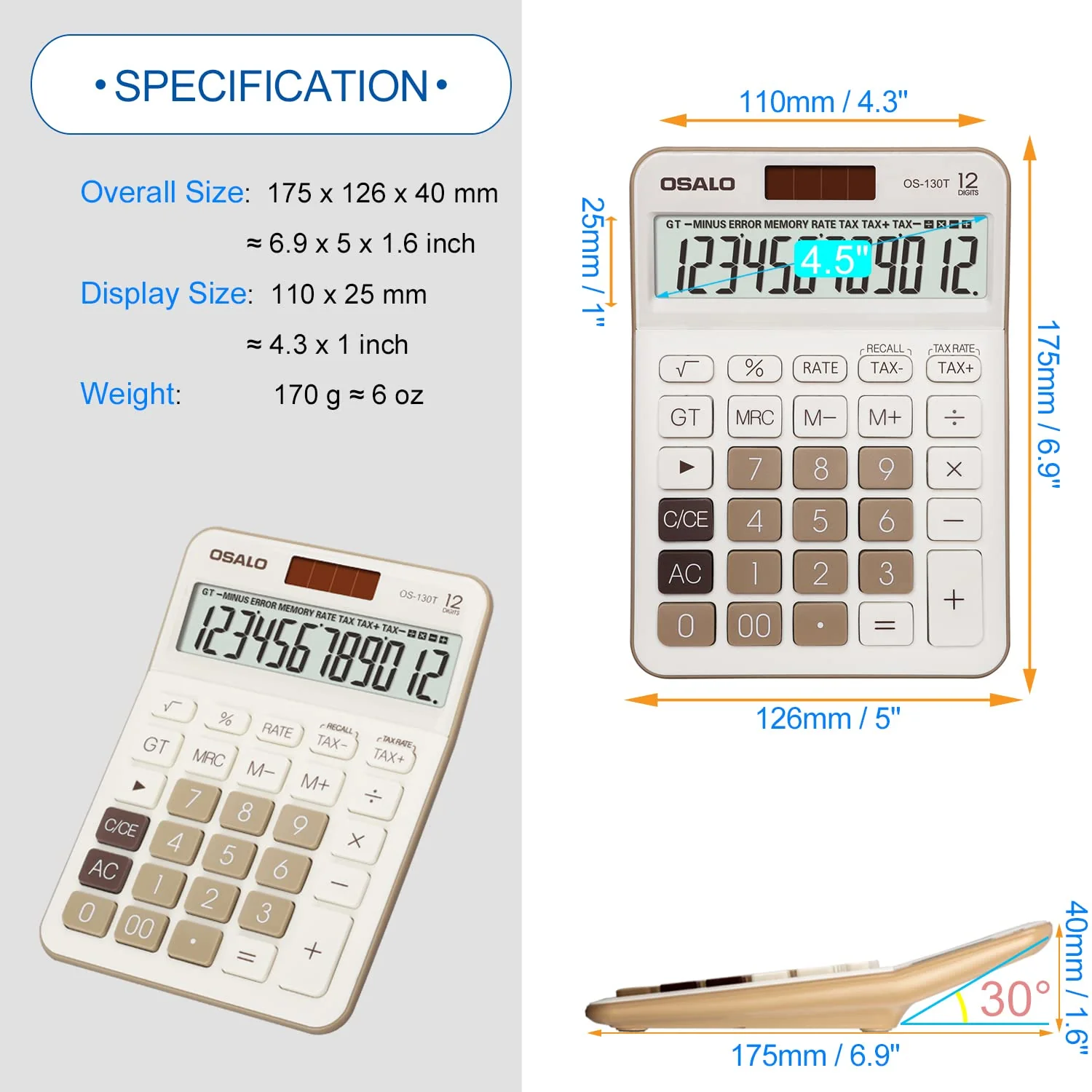 Pendancy 12 Digit Office Calculator Desktop with Tax+/- for Advanced Tax Calculation, Large LCD Display Big Buttons, Dual Power Durable Portable Design, for Financial Accounting Business Use 130T-Brown - Image 4
