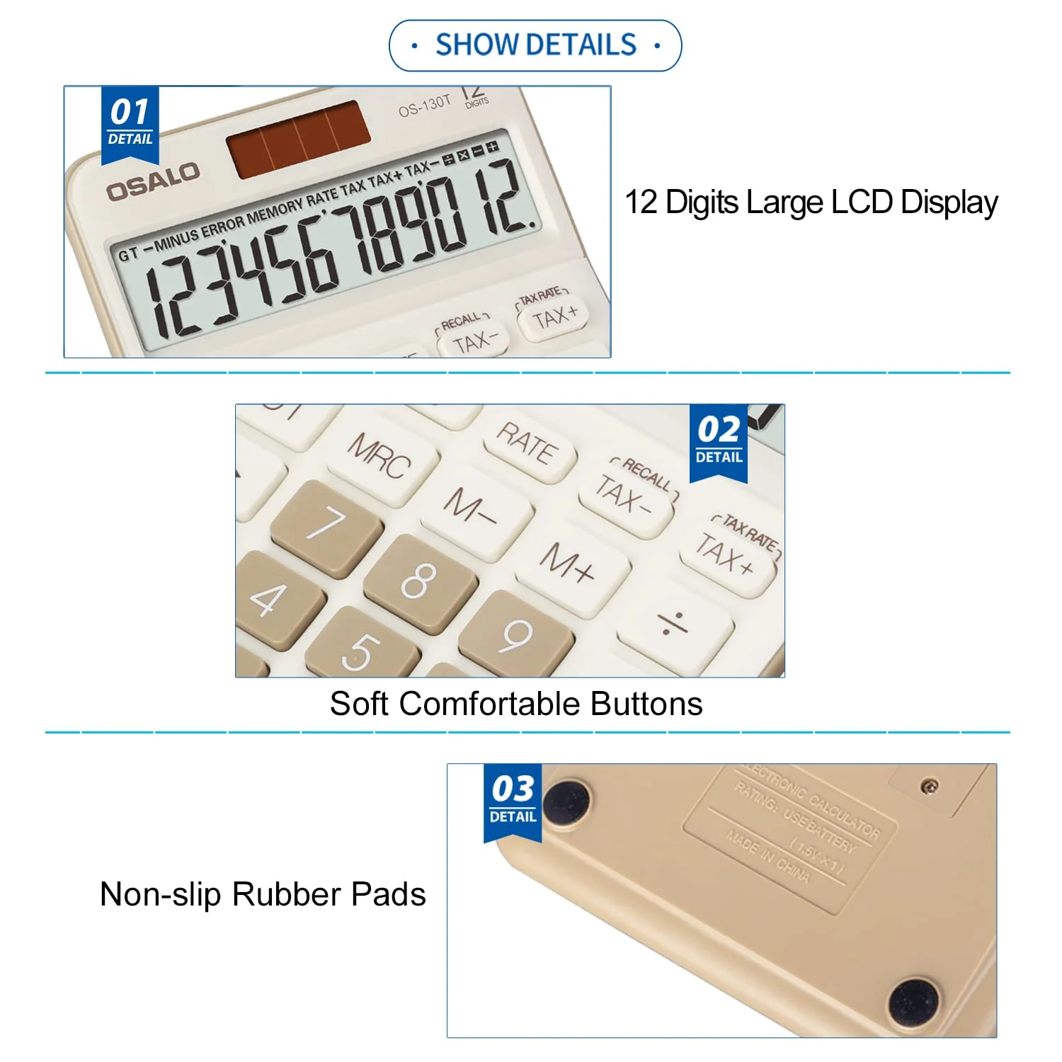 Pendancy 12 Digit Office Calculator Desktop with Tax+/- for Advanced Tax Calculation, Large LCD Display Big Buttons, Dual Power Durable Portable Design, for Financial Accounting Business Use 130T-Brown - Image 8