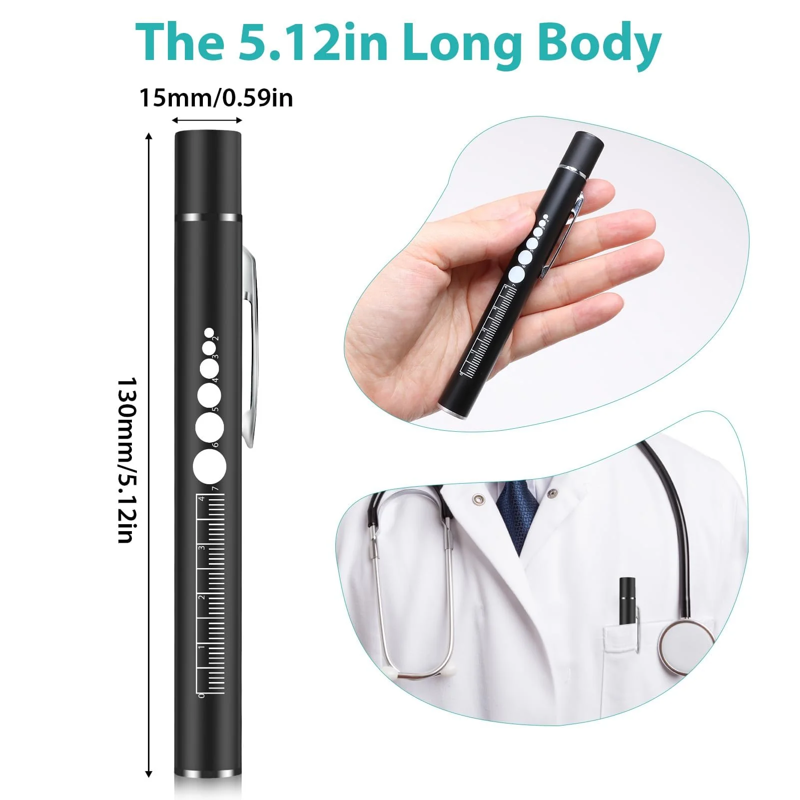 Penriter Pupil Light Diagnostic Light with Pupil Meter and Ruler, Black Medical Lamp Pen Light with Warm/Cool White, Rechargeable USB Pen Lamp for Nurses Doctors - Image 6
