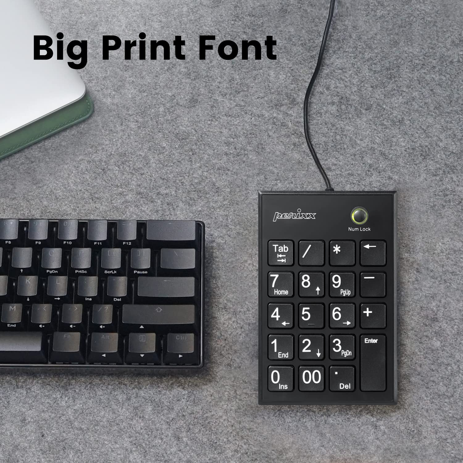 Perixx PPD-202 Wired 19 Keys Slim Numeric Keypad, Big Print Font, Silent Notebook Scissor Key Number Keypad with Tab Key and Num Lock, Black USB only - Image 2