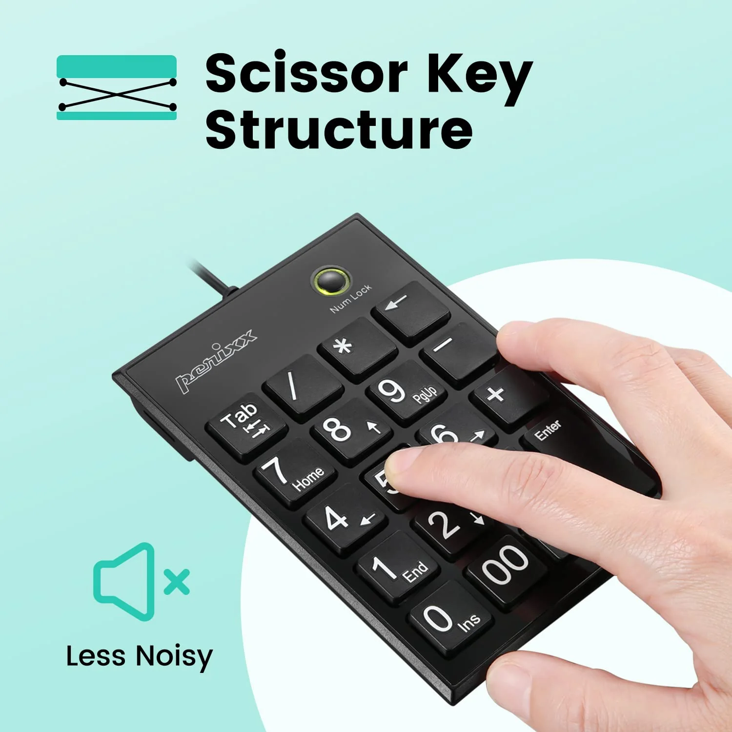 Perixx PPD-202 Wired 19 Keys Slim Numeric Keypad, Big Print Font, Silent Notebook Scissor Key Number Keypad with Tab Key and Num Lock, Black USB only - Image 4