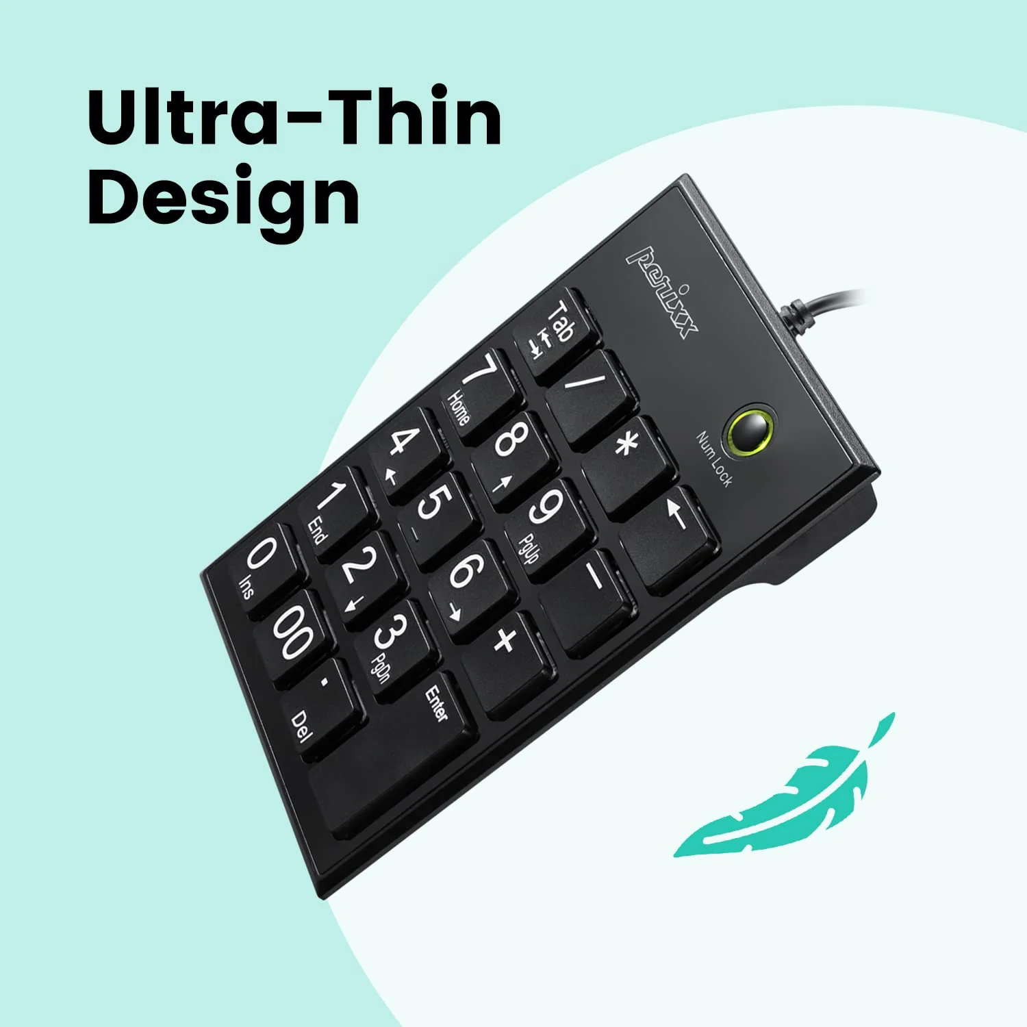 Perixx PPD-202 Wired 19 Keys Slim Numeric Keypad, Big Print Font, Silent Notebook Scissor Key Number Keypad with Tab Key and Num Lock, Black USB only - Image 7