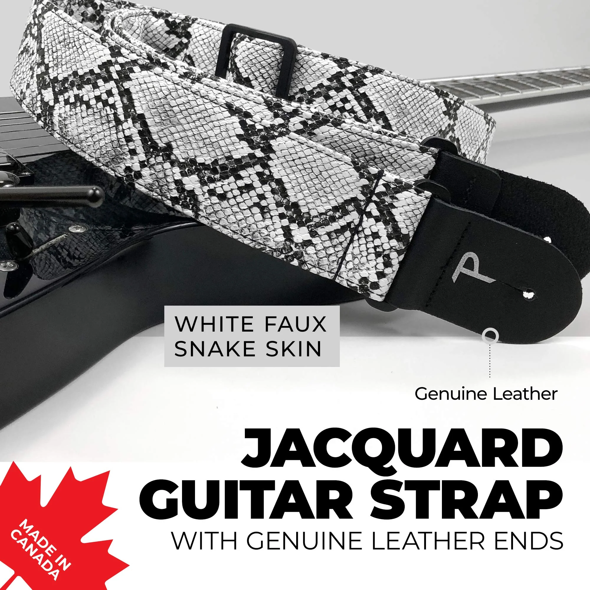 Perri’s Leathers Faux Snake Skin Guitar Straps, 39" - 58", White, Jacquard Patterned, Adjustable Length, Leather Ends, Non-Slip & Durable, Electric, Bass, Acoustic Guitar Strap 39" to 58" - Image 4